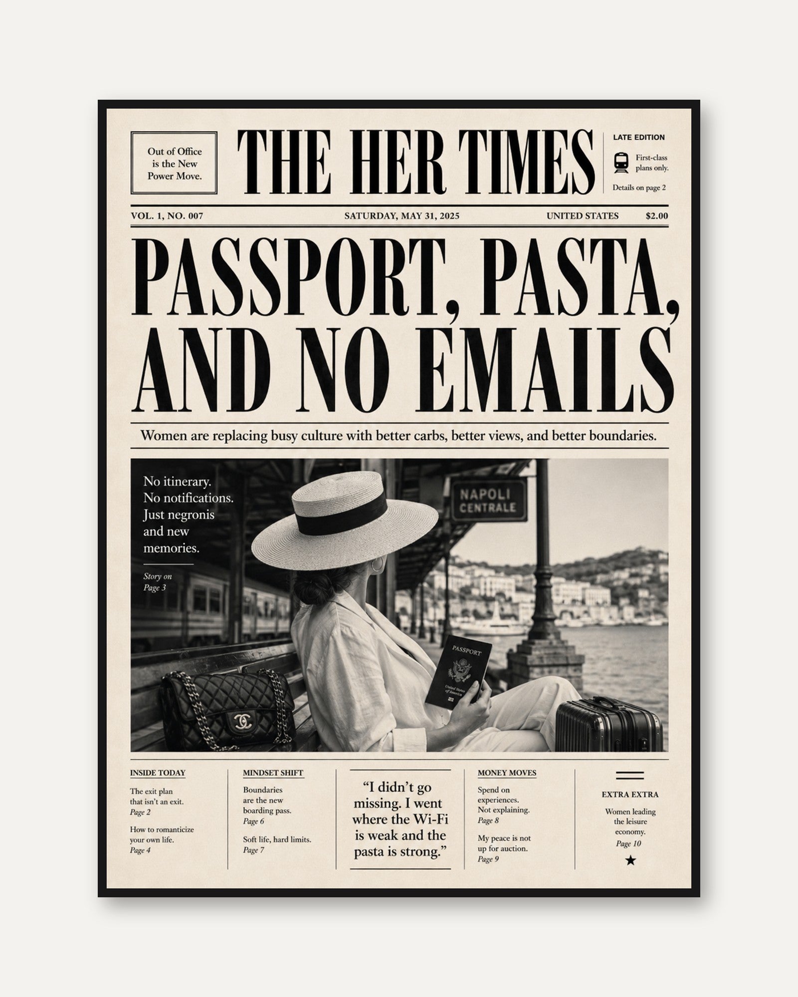Travel Wall Art: Vintage Newspaper Style - framed