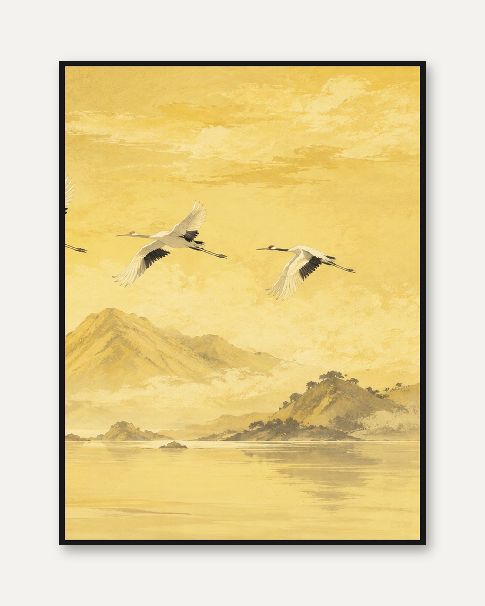 Japanese Cranes in Flight: Golden Landscape Wall Art - framed
