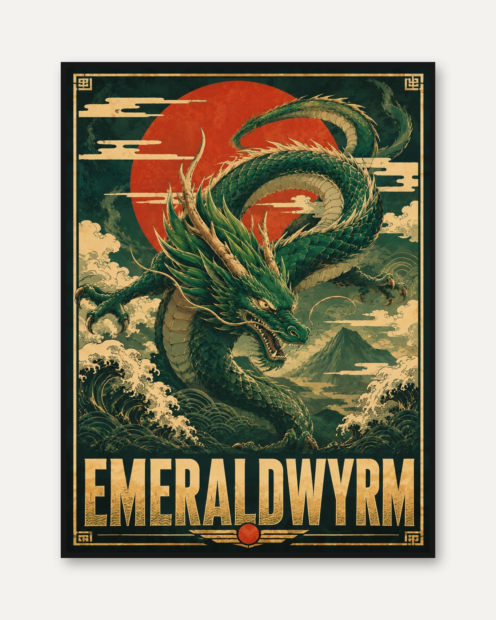 Japanese Dragon Art Print: Vintage Mythology Poster - framed