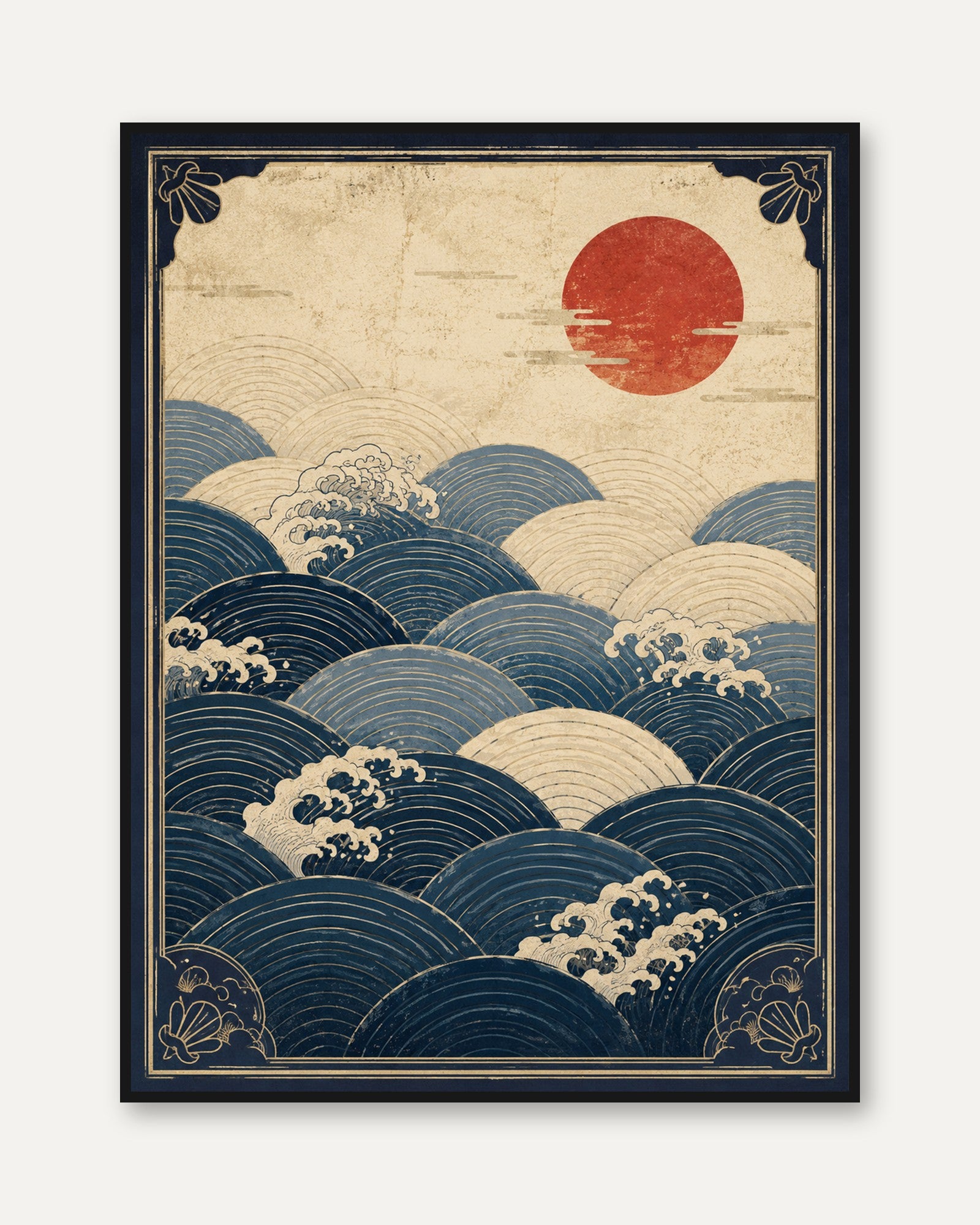 Ocean Wall Art Print: Japanese Waves with Red Sun - framed