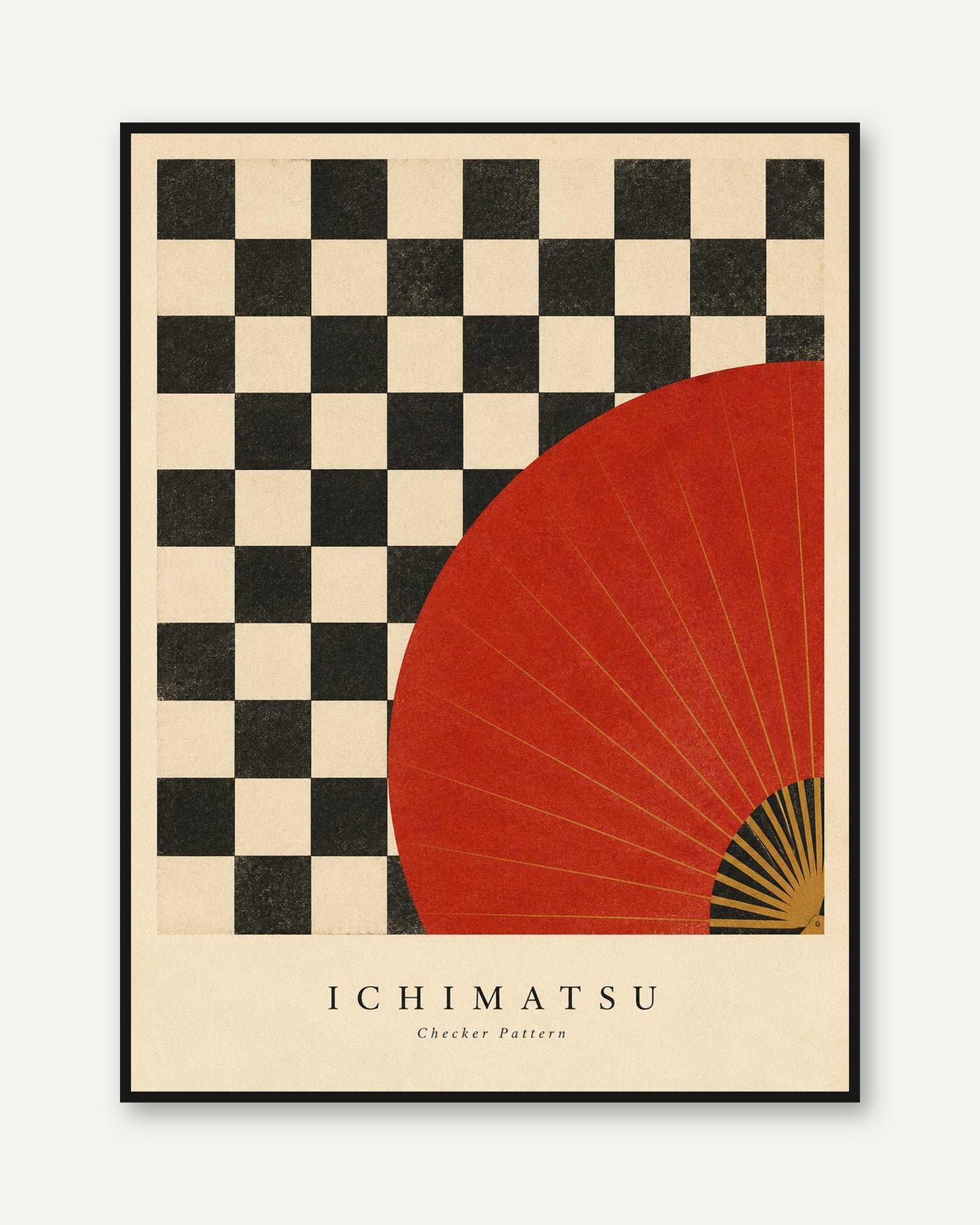 Japanese Checkerboard Wall Art – Red Fan - framed