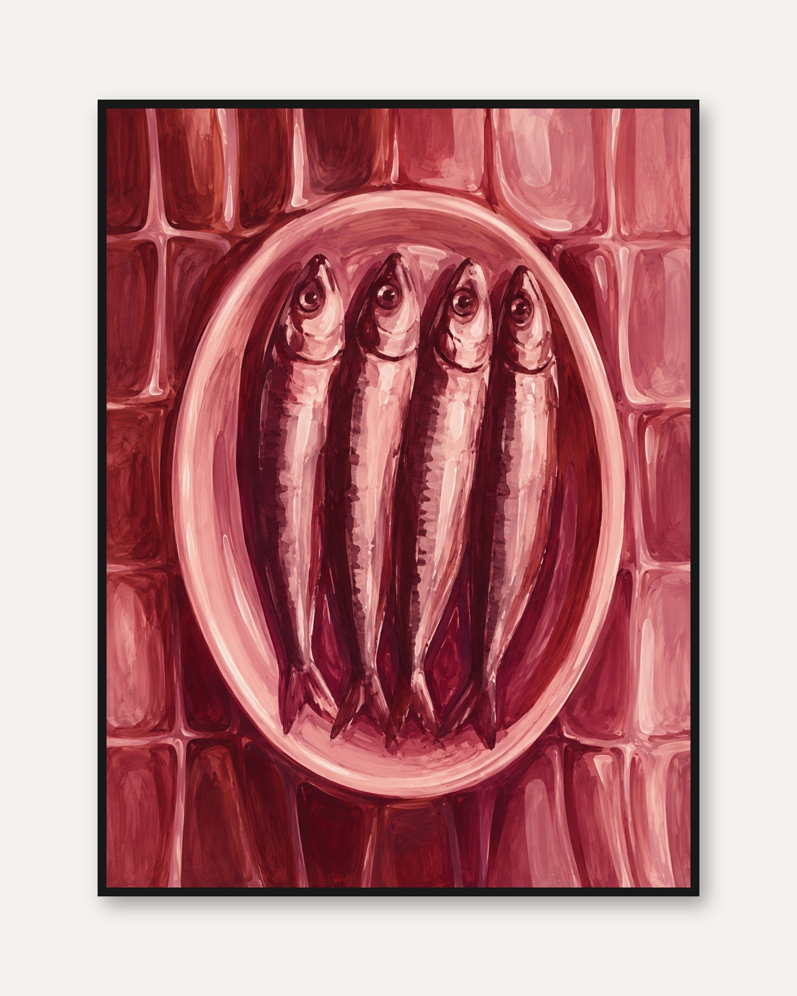 Sardines on Plate Wall Art: Monochromatic Pink Kitchen Print - framed