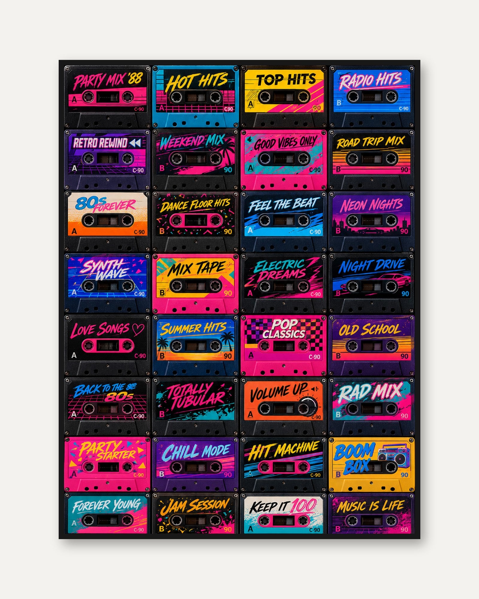Retro Cassette Tape Wall Art: 1980s Neon Music Collection - framed