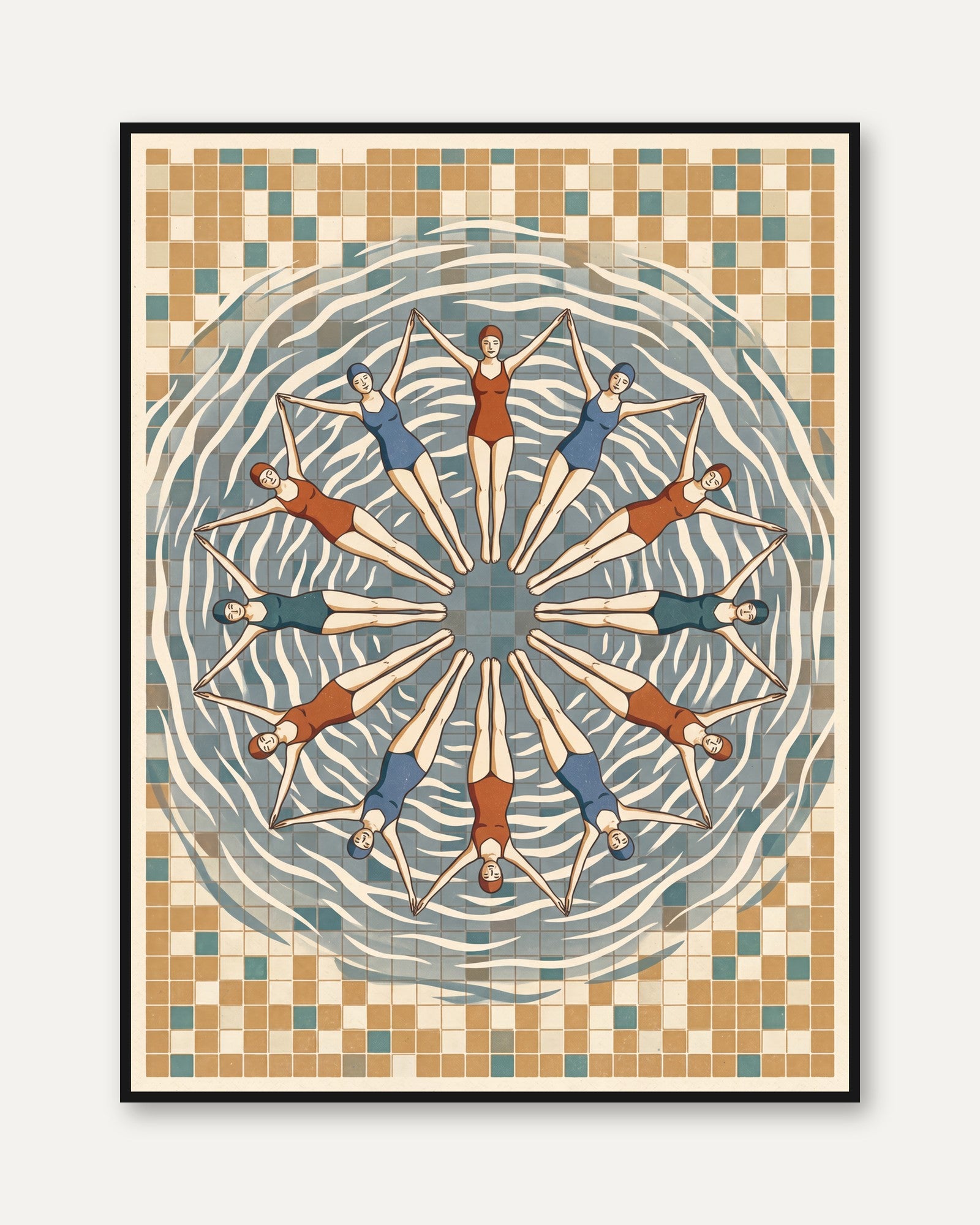 Art Deco Swimmers Print — Vintage Synchronized Swimming Kaleidoscope - framed