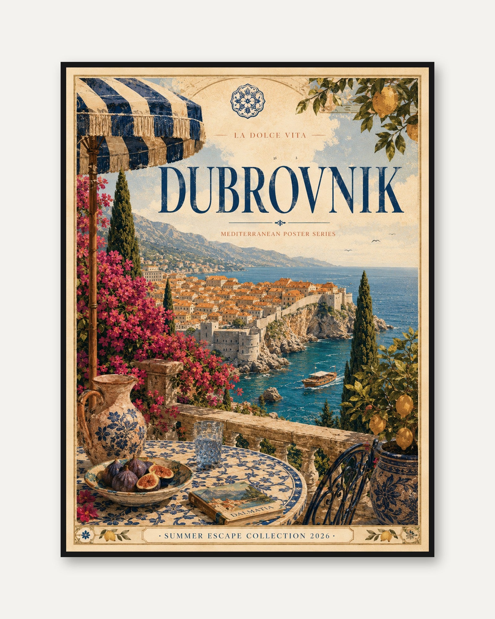 Dubrovnik Travel Poster — Vintage Mediterranean Coastal Print - framed