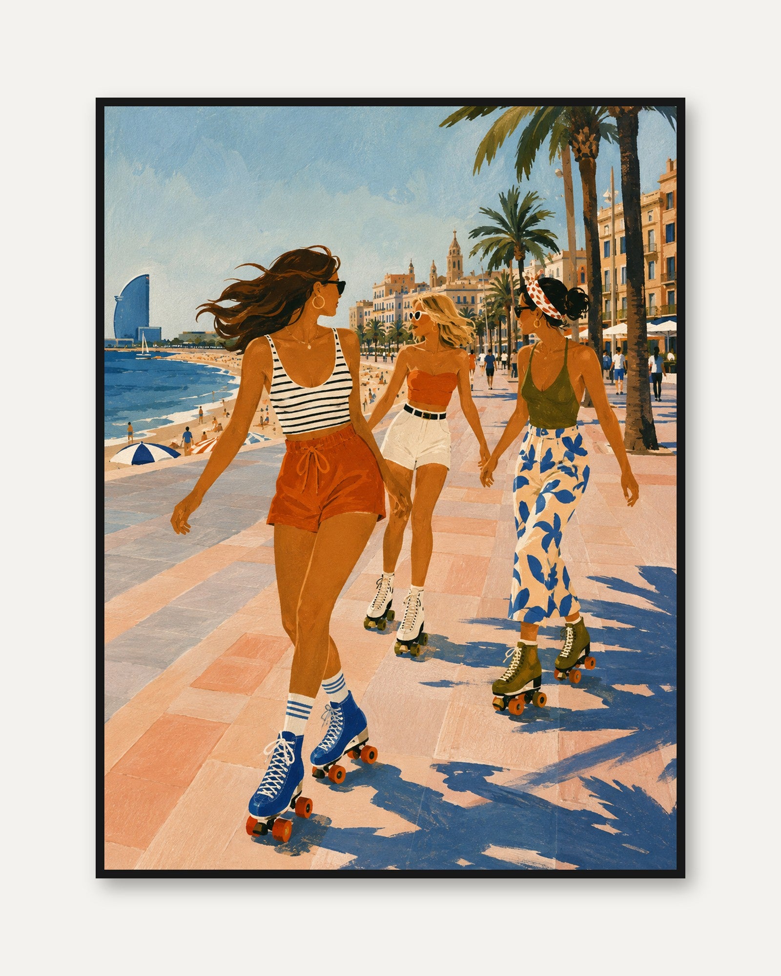 Roller Skating Girls Mediterranean Beach Art Print: Vintage Summer - framed