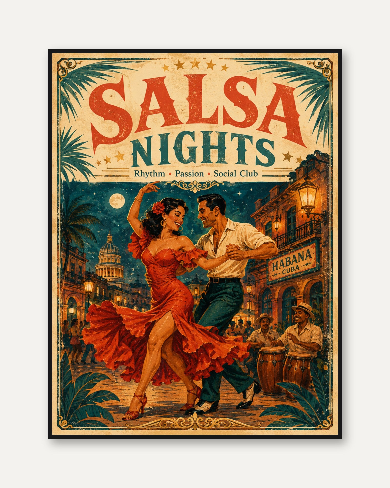 Salsa Dancing Poster – Havana Cuba Wall Art - framed