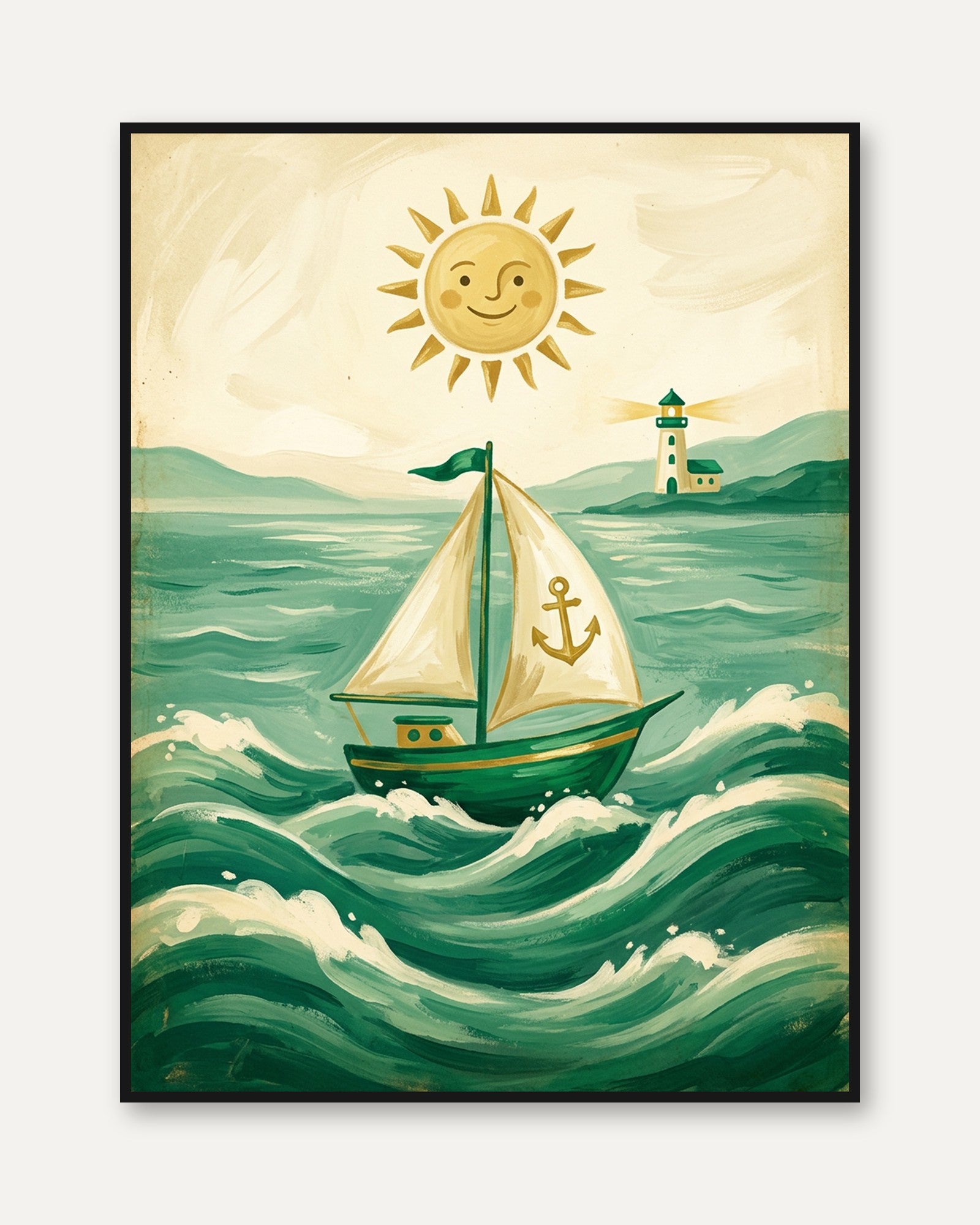 Whimsical Sailboat Print — Cheerful Nautical Illustration - framed