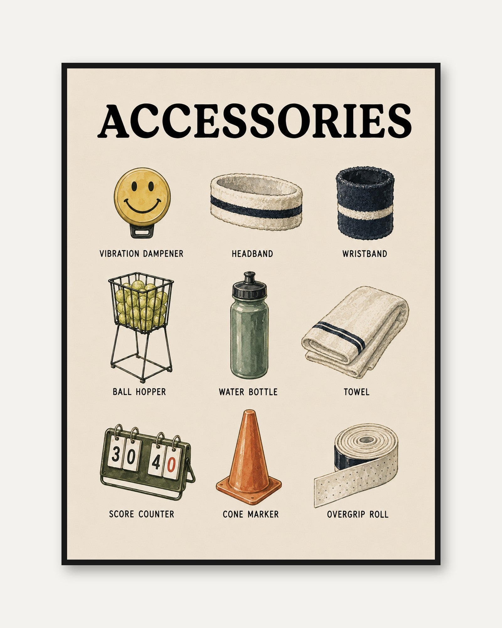Tennis Accessories Art Print: Vintage Sports Equipment Poster - framed