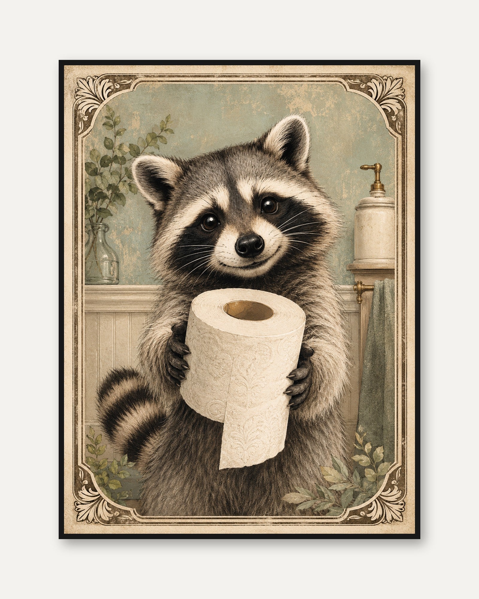 Raccoon Wall Art: Vintage Bathroom Animal - framed