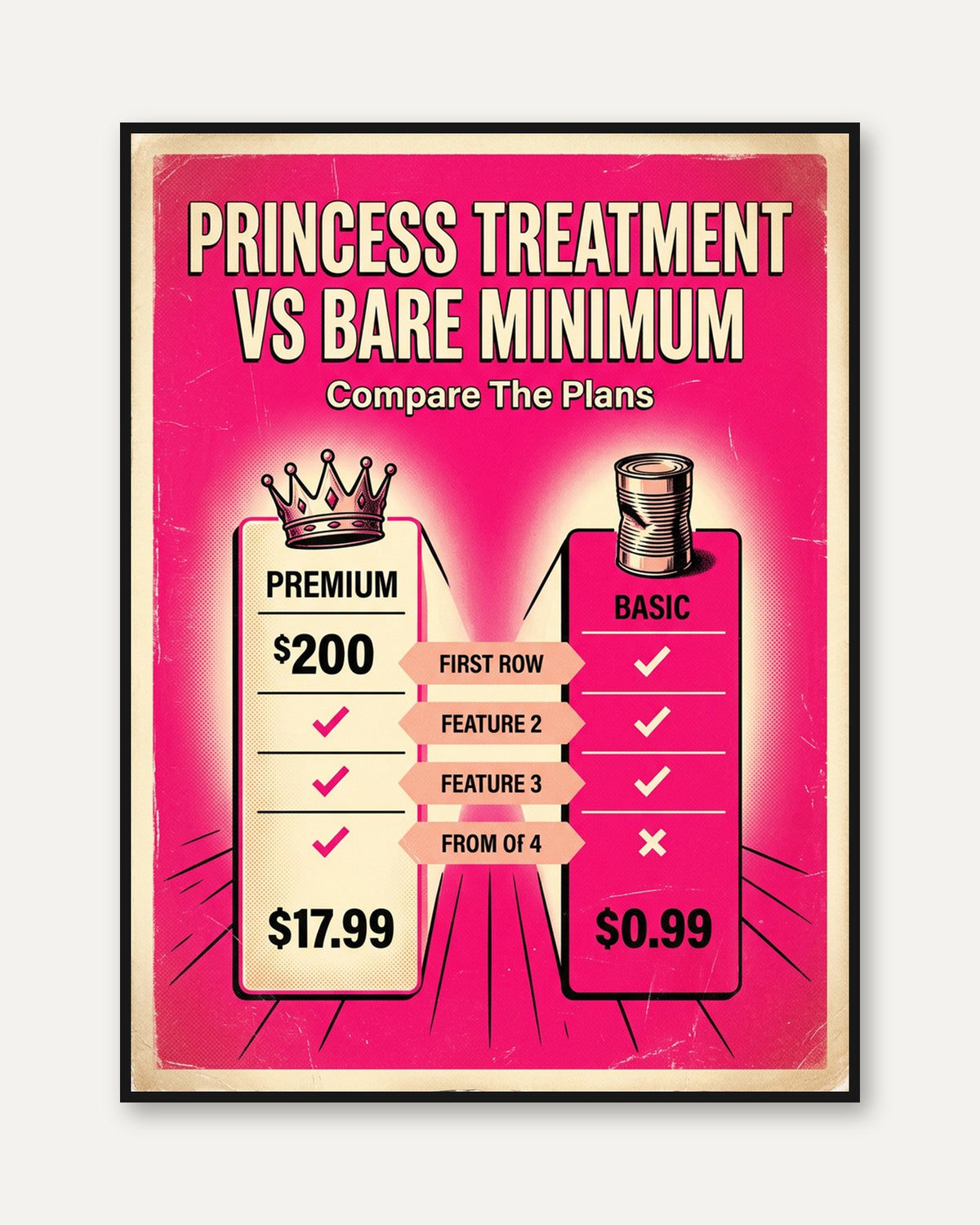 Retro Pricing Comparison Poster: Pink Pop Art Advertising Design - framed