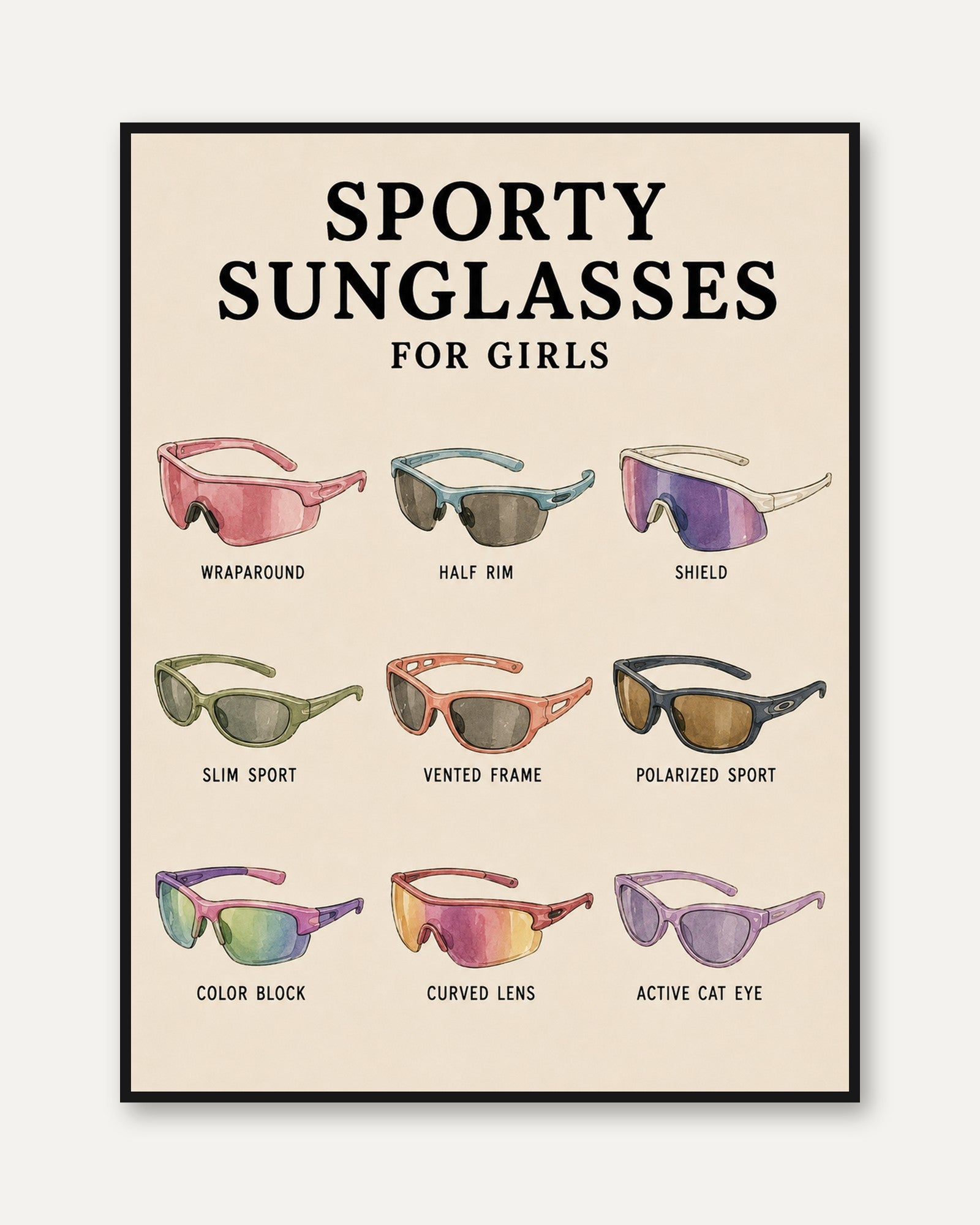 Sporty Sunglasses for Girls Art Print: Vintage Guide Poster - framed