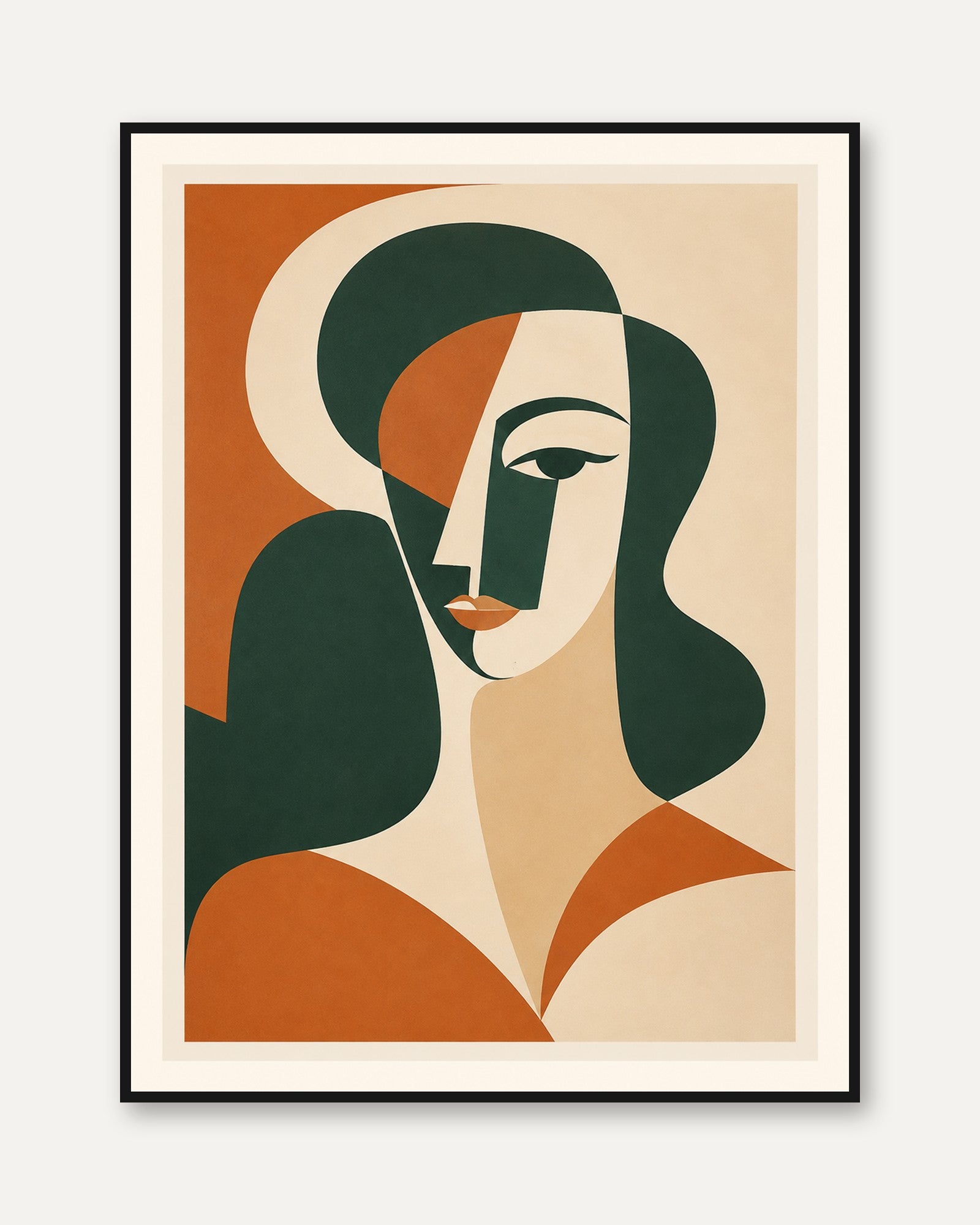 Cubist Woman Portrait: Abstract Art Print in Green and Terracotta - framed