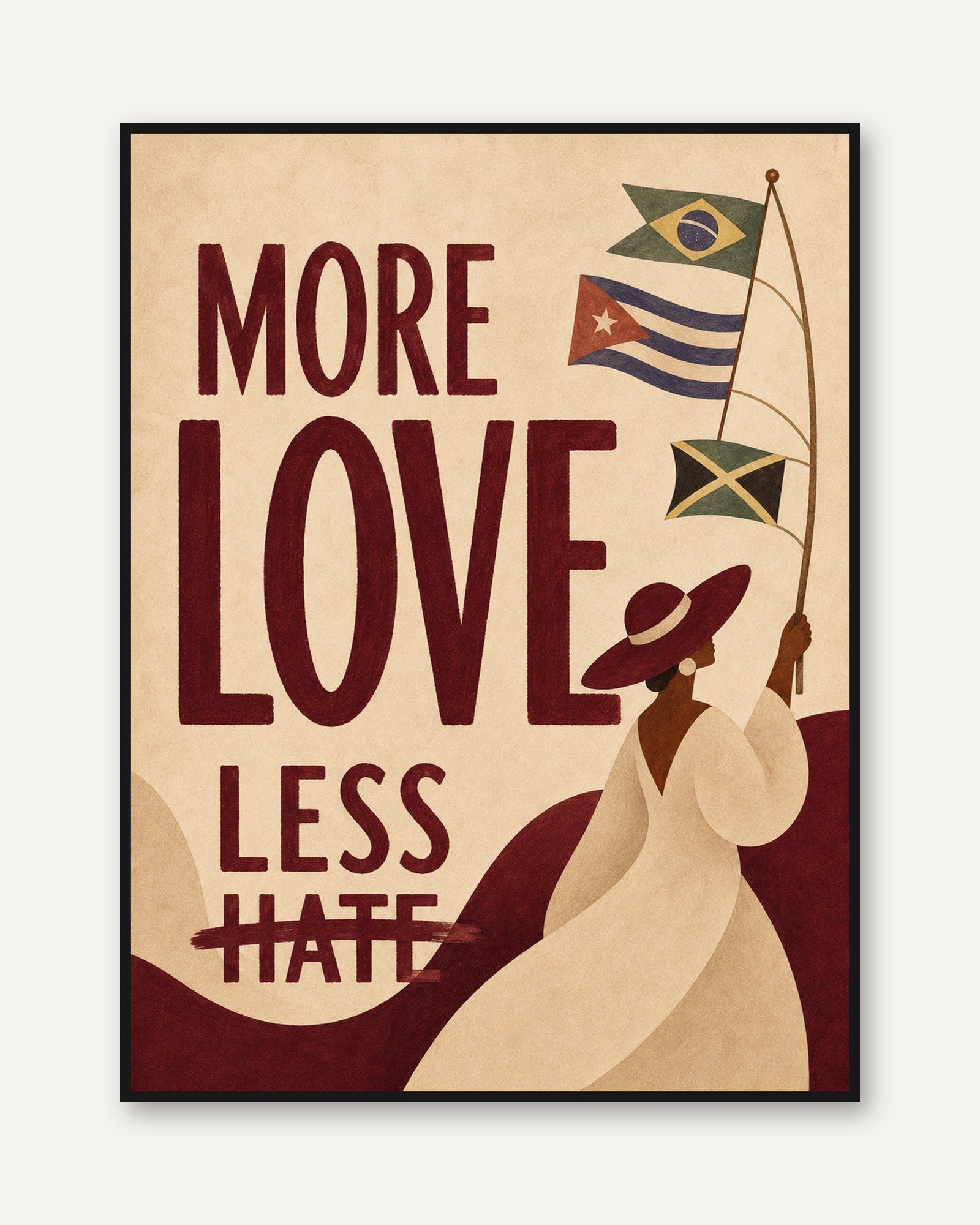 More Love Less Hate Poster: Vintage Latin American Unity Art Print - framed