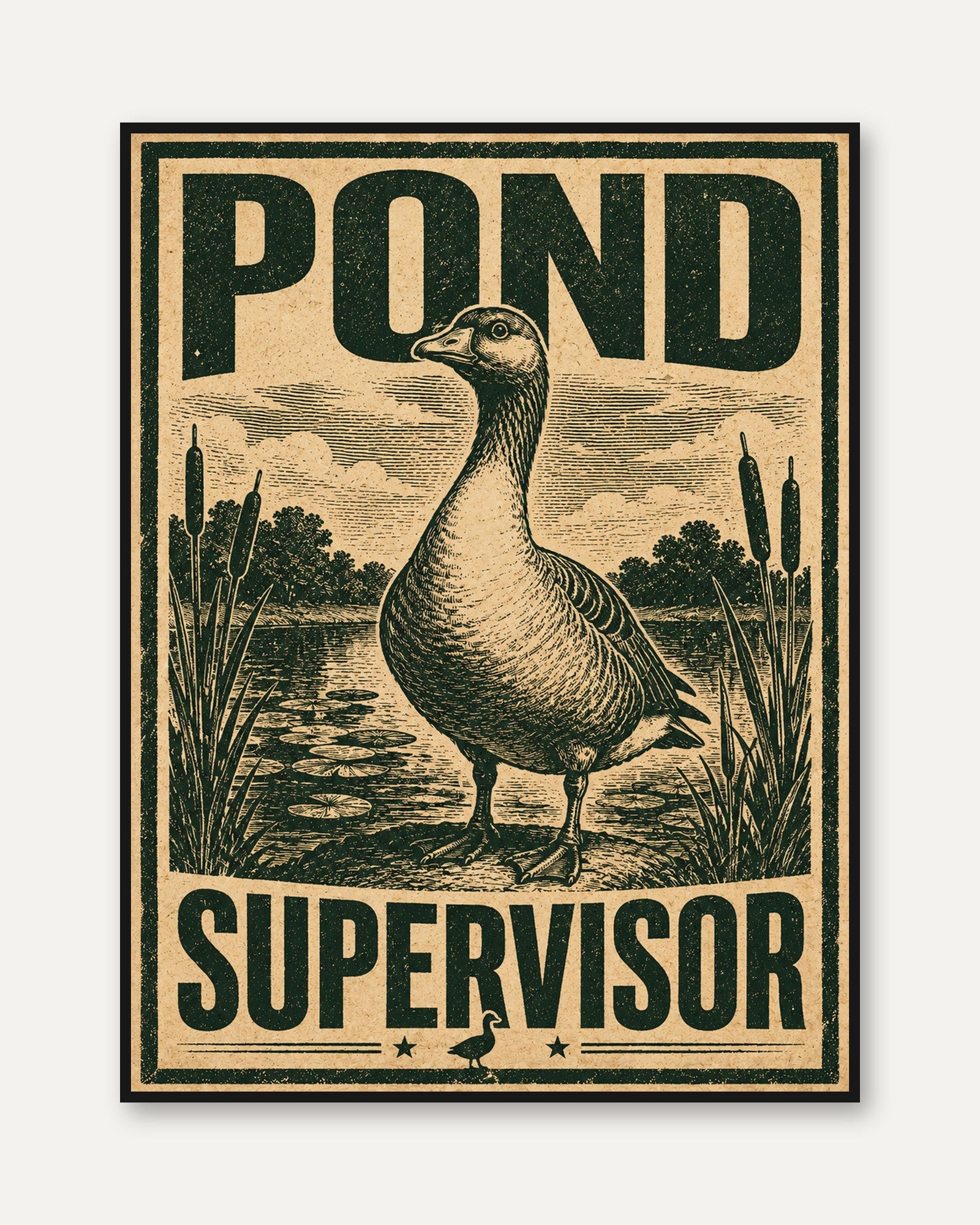 Pond Supervisor Goose Print: Vintage Woodcut Style Poster - framed