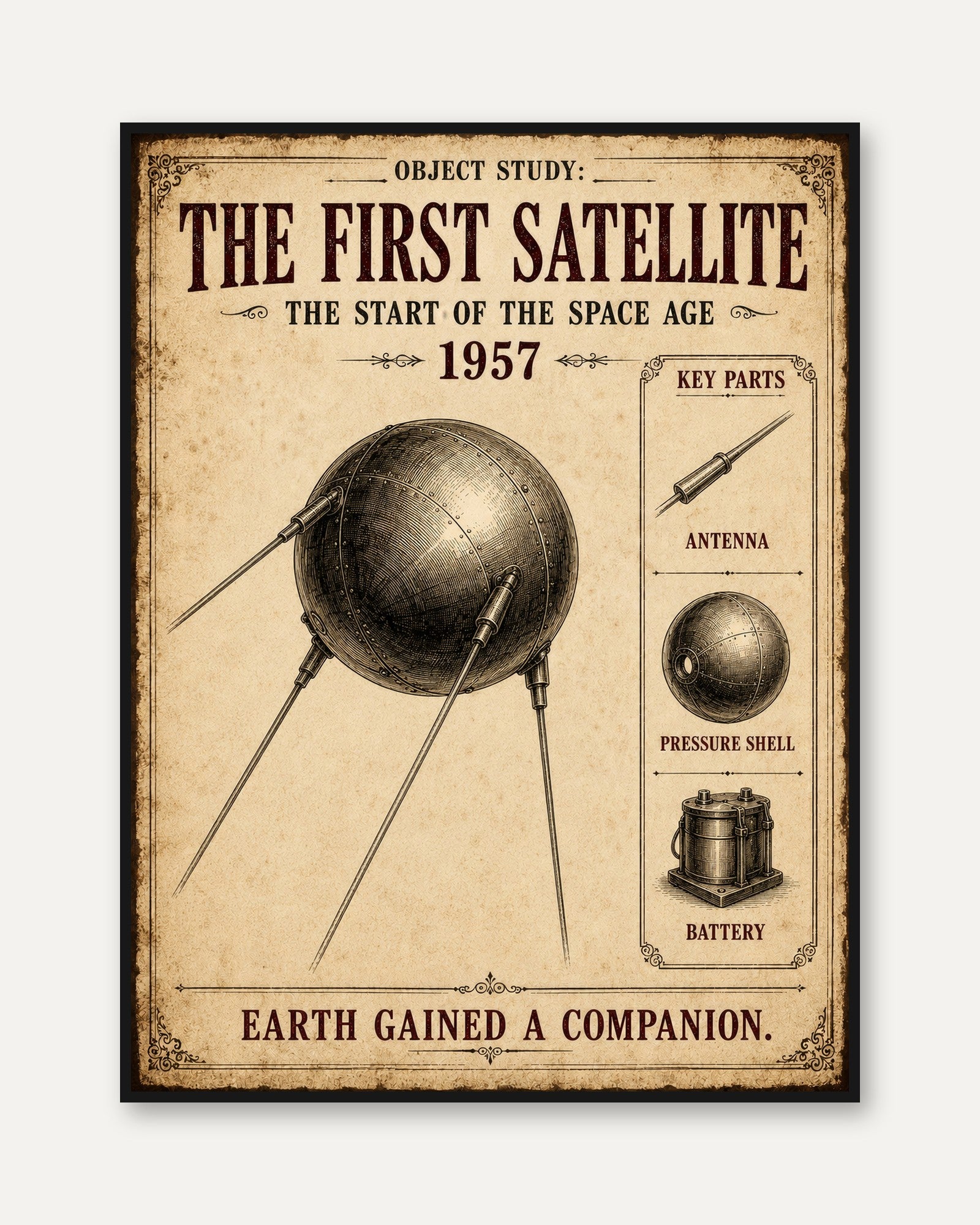 Sputnik Satellite Poster — Vintage Space Age Educational Print - framed