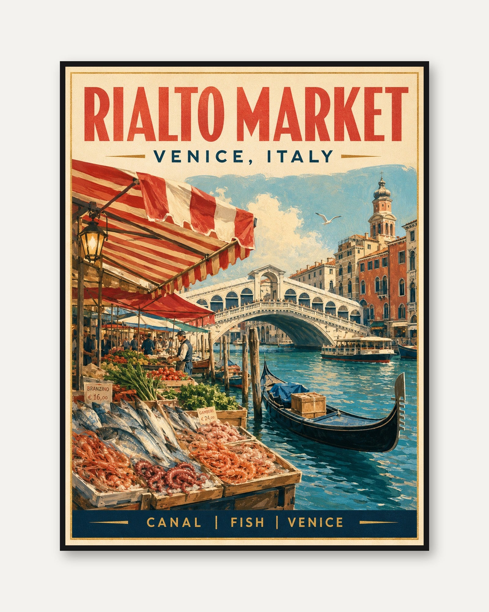 Rialto Market Venice Poster — Vintage Italian Travel Print - framed
