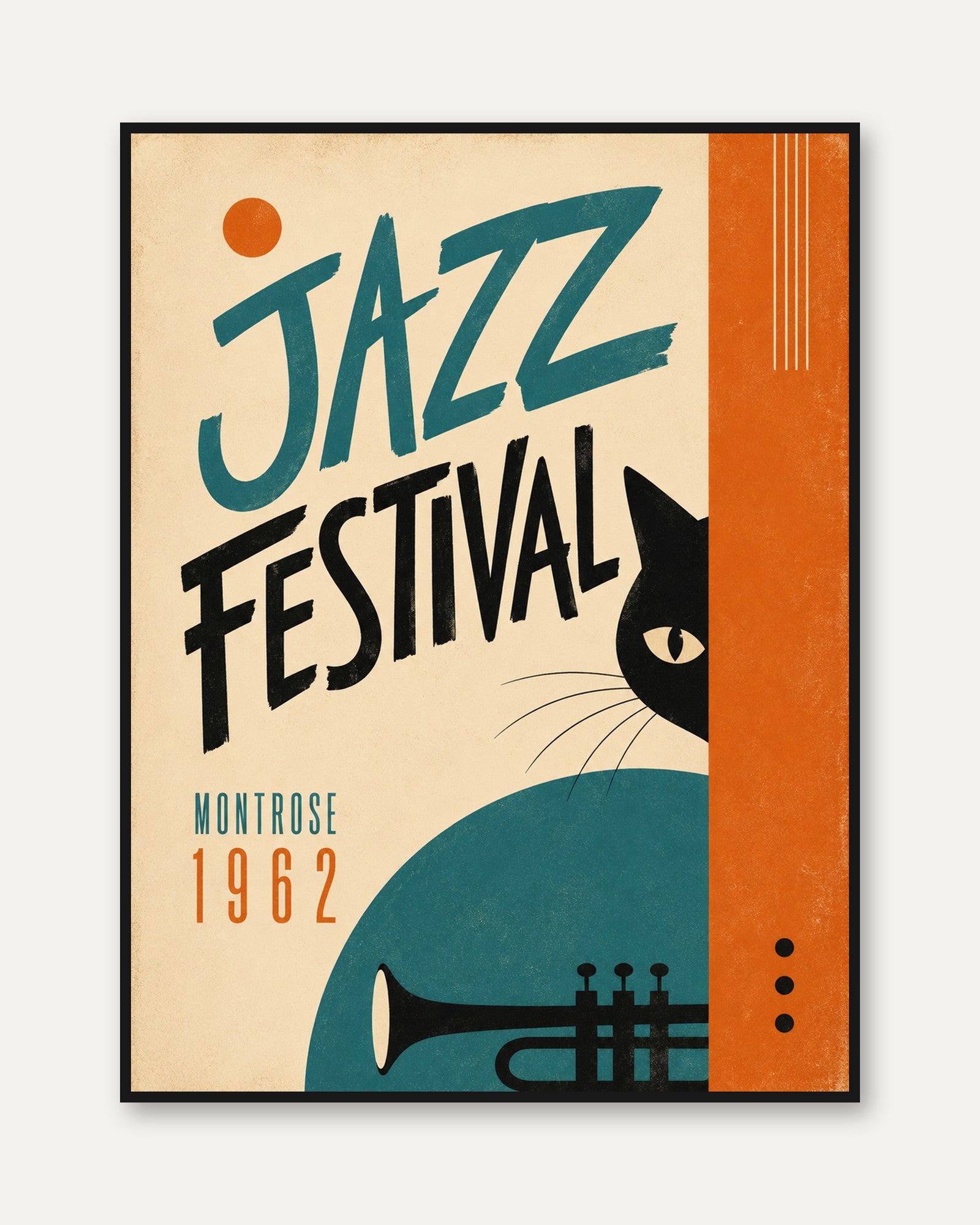 Jazz Festival Poster: Retro 1962 Music Art with Black Cat - framed