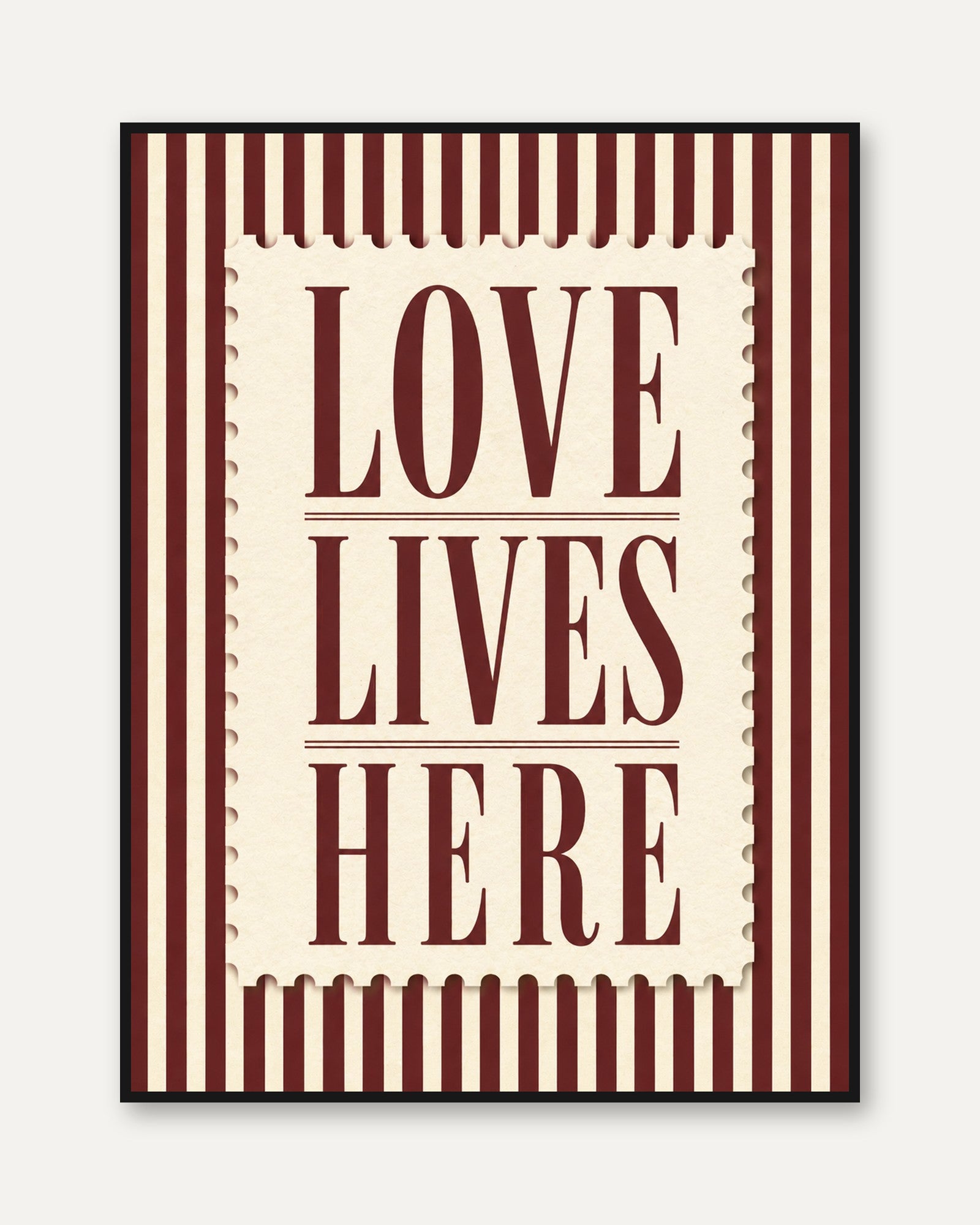 Love Lives Here Typography Print: Vintage Red Striped Wall Art - framed