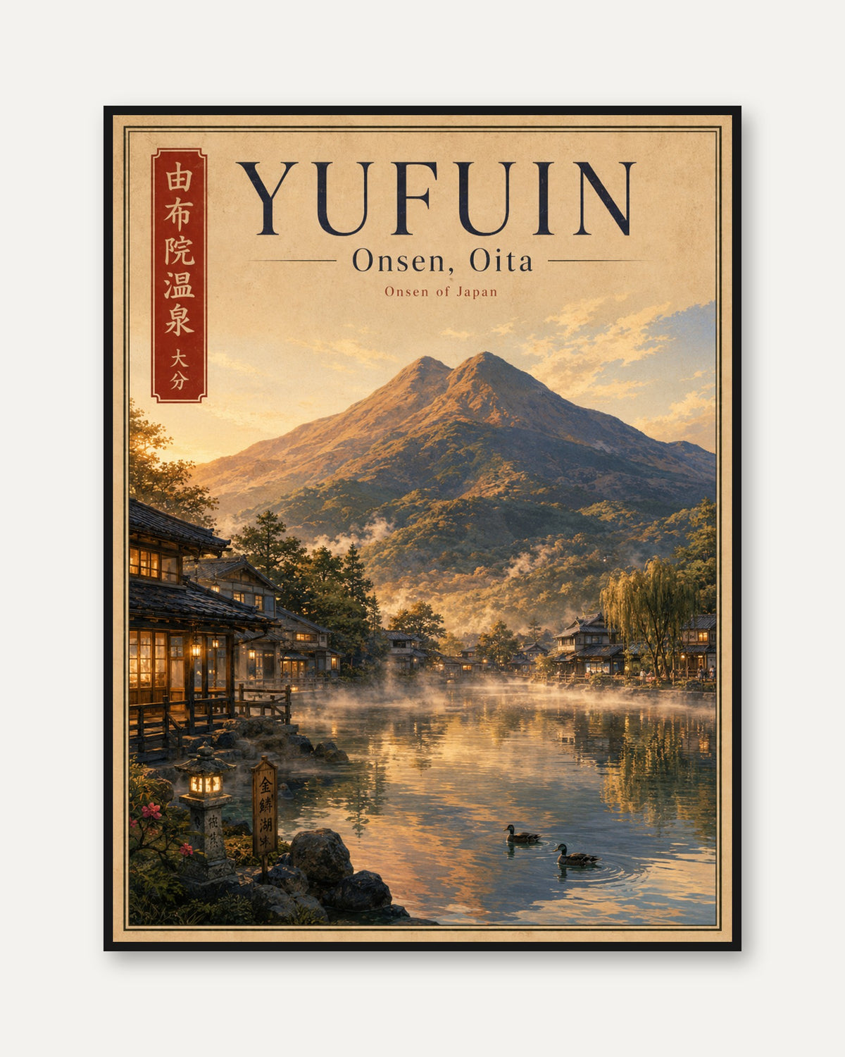 Yufuin Onsen Hot Springs Art Print: Japanese Mountain Village Poster - framed