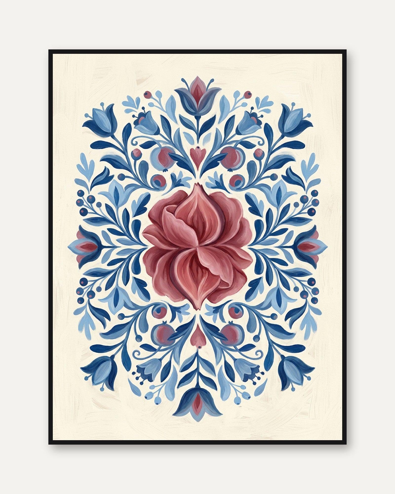 Folk Art Floral Print: Scandinavian Blue and Mauve Rosemaling - framed