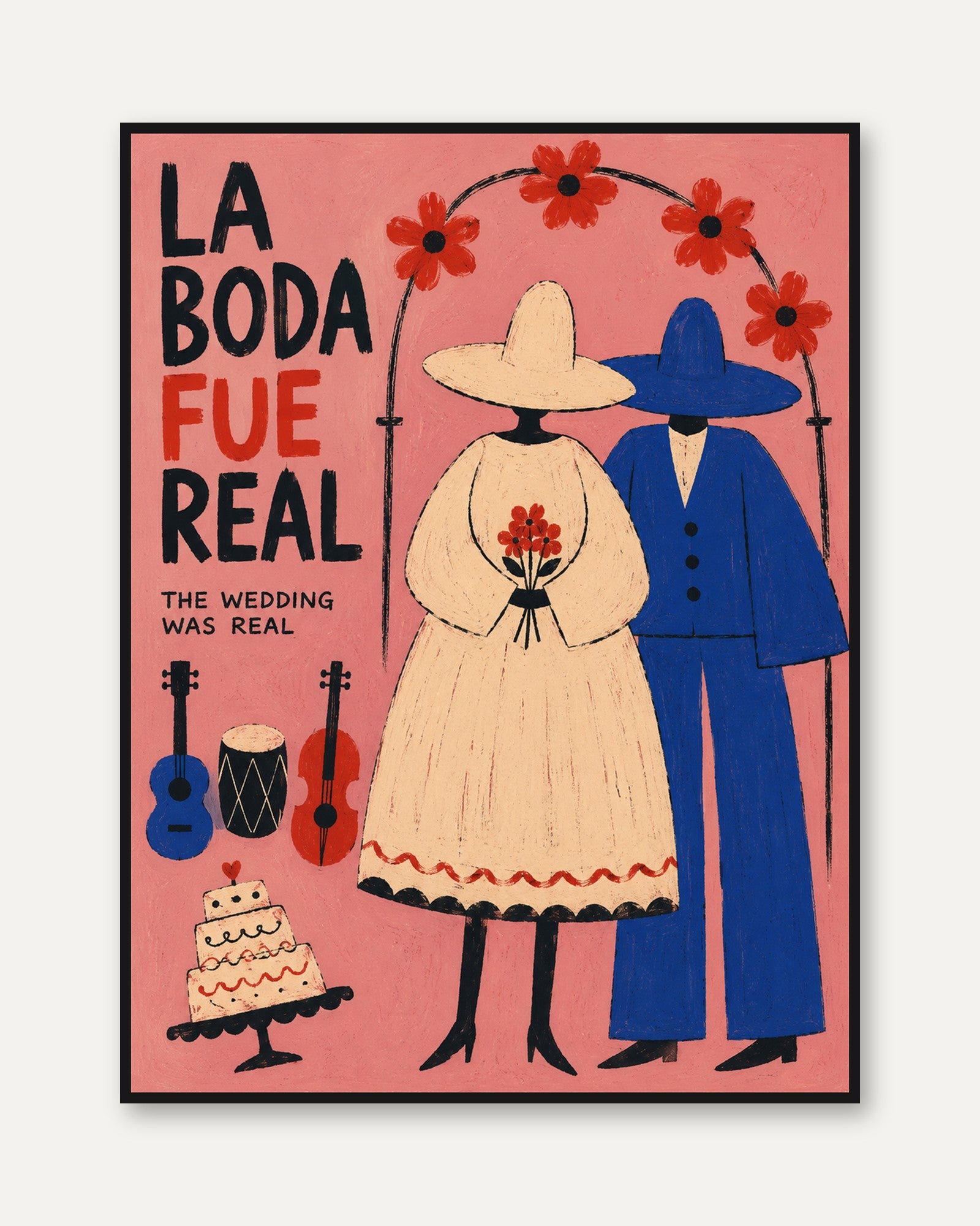 Mexican Wedding Couple Folk Art Print: Pink Celebration Poster - framed