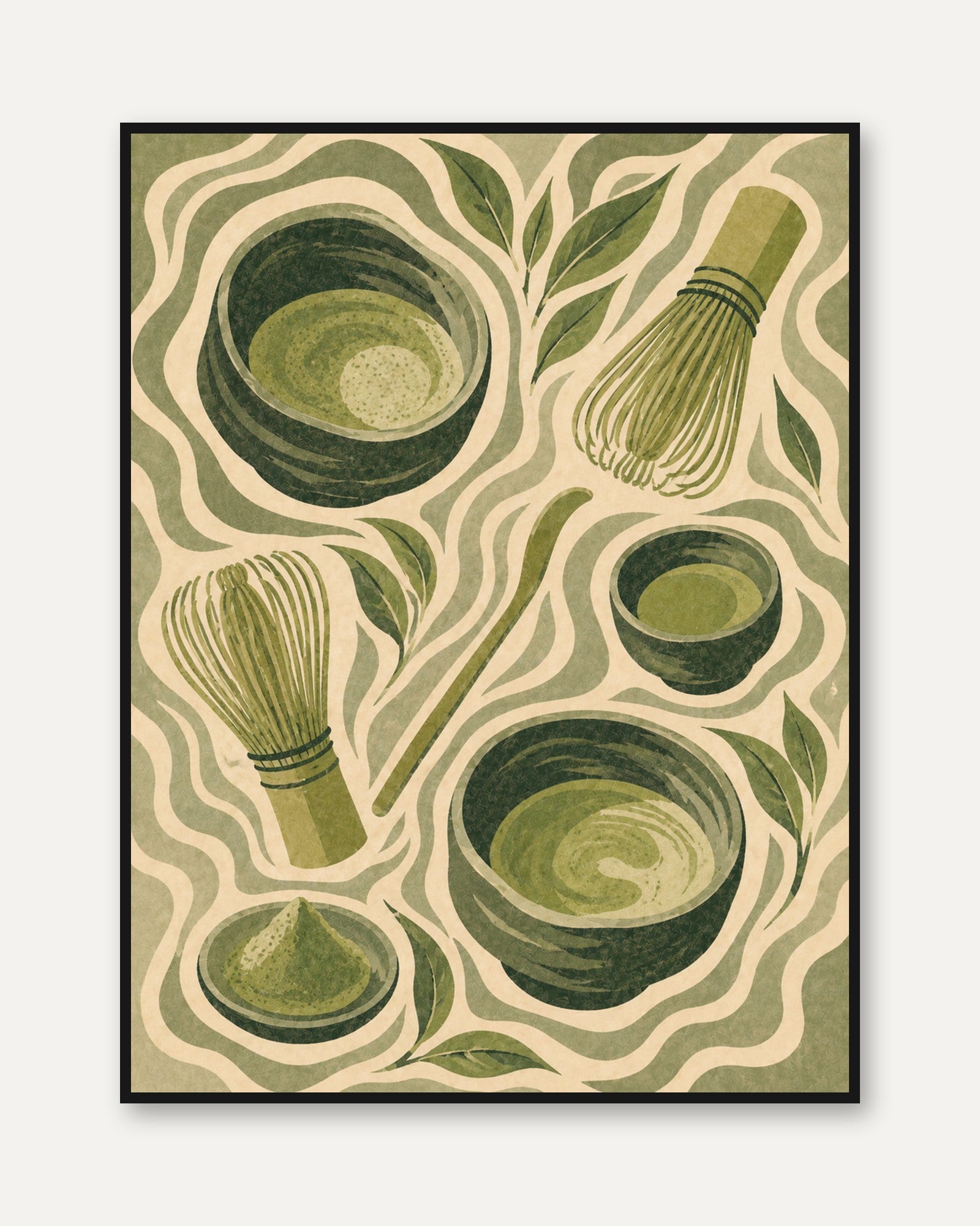 Matcha Tea Ceremony Art Print: Art Nouveau Green Kitchen Decor - framed