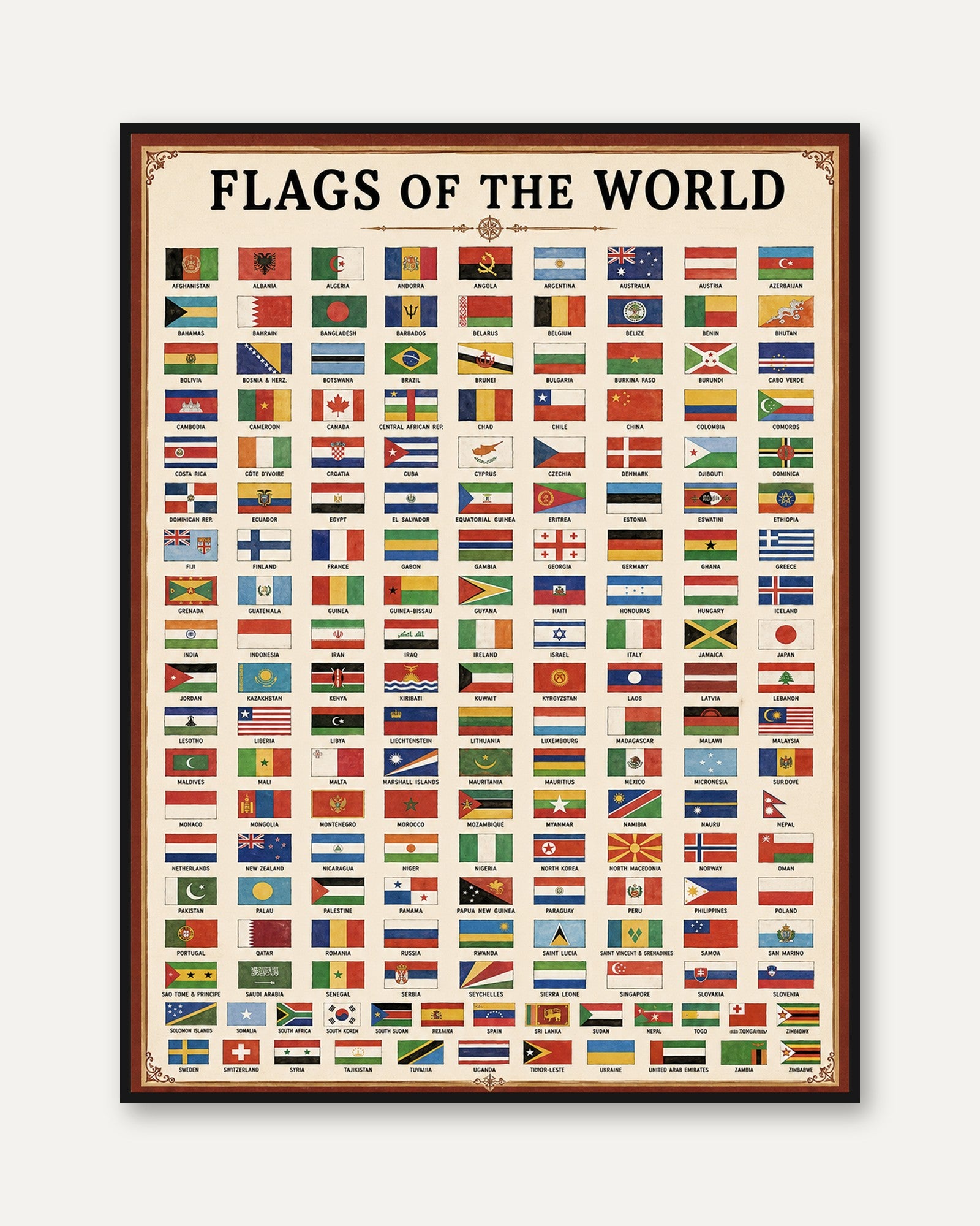 Flags of the World Chart: Vintage Educational Reference Poster - framed