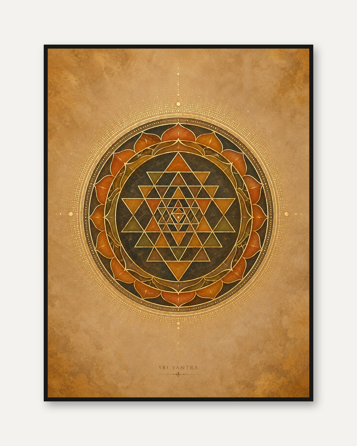 Sri Yantra Mandala: Sacred Geometry Art Print (Gold and Orange) - framed