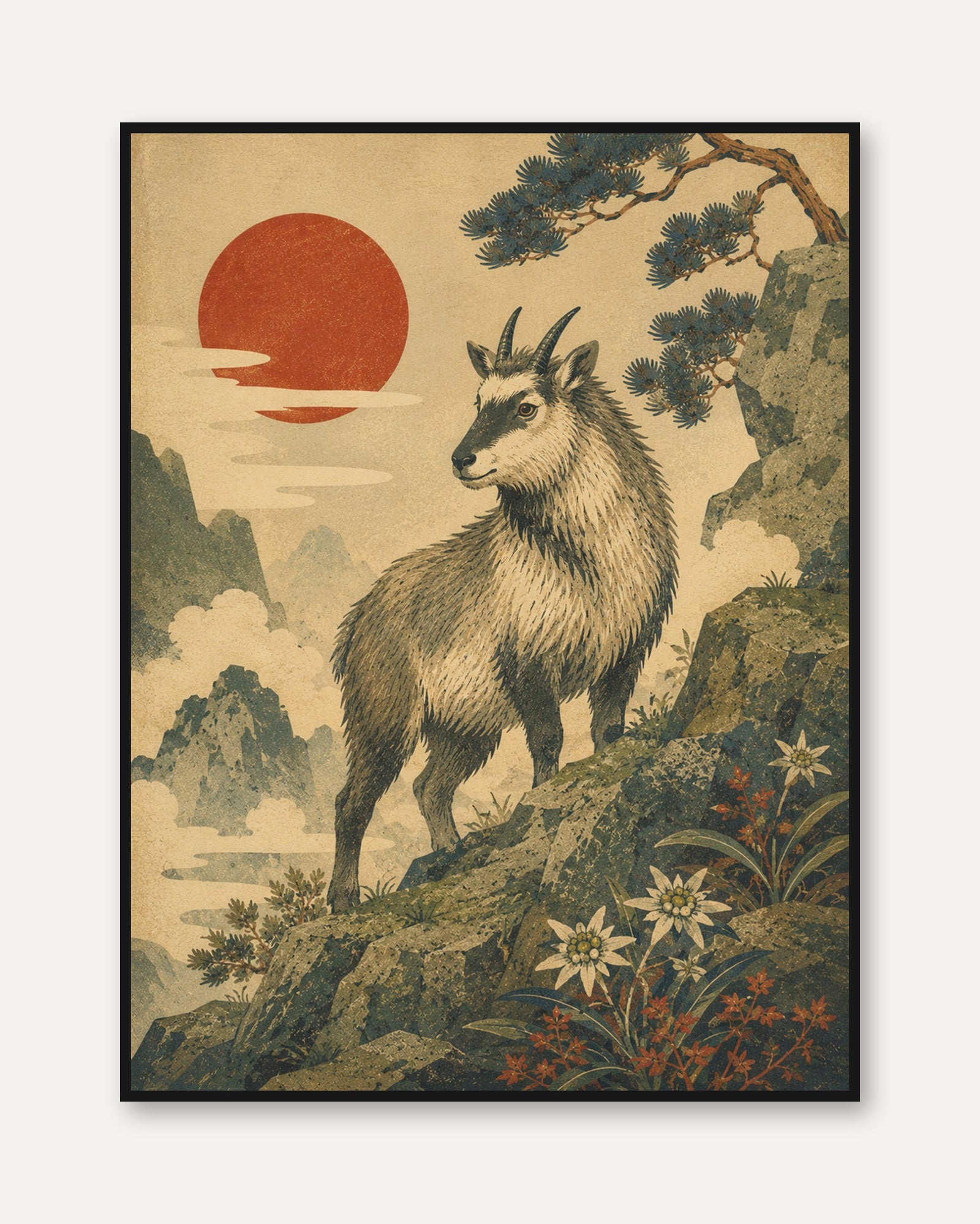 Mountain Goat Wall Decor: Japanese Vintage Art - framed
