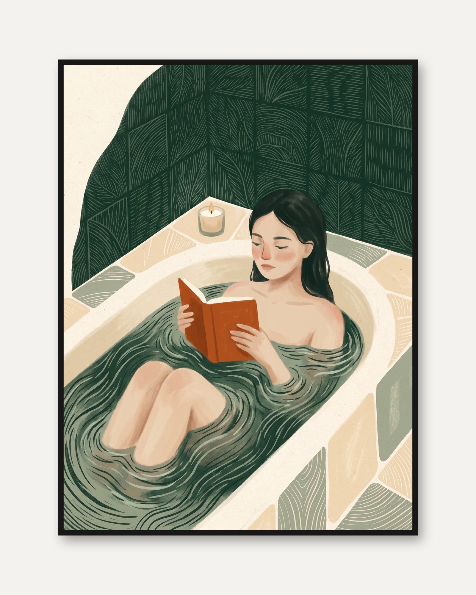 Relaxing Bath Art Print: Serene Green Botanical (Bathroom or Bedroom) - framed