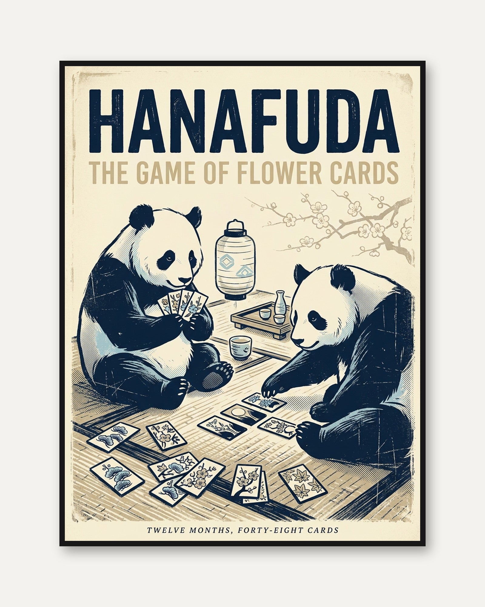 Hanafuda Pandas Art Print: Vintage Japanese Card Game Poster - framed