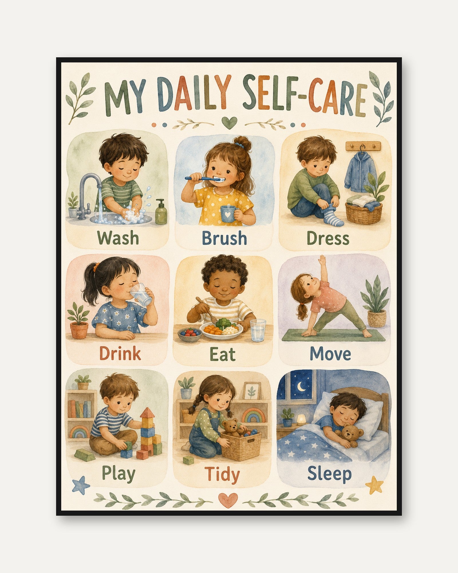 Self-Care Chart for Kids: Watercolor Daily Routine Poster - framed