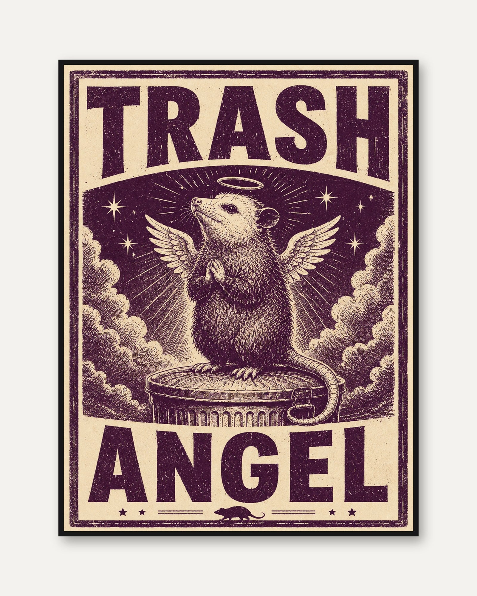 Trash Angel Possum Print: Retro Animal Wall Art (Purple & Cream) - framed