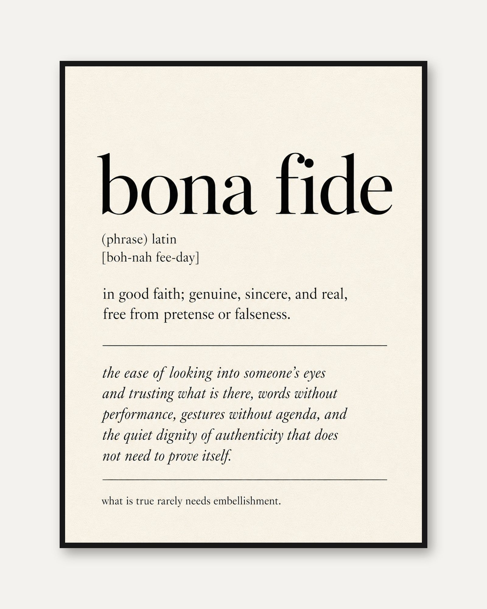 Bona Fide Definition Print: Minimalist Typography Wall Art - framed