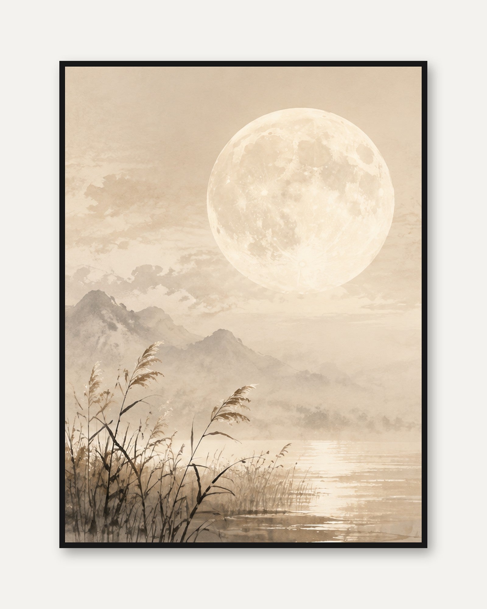 Full Moon Over Misty Lake Art Print: Sepia Landscape Wall Art - framed