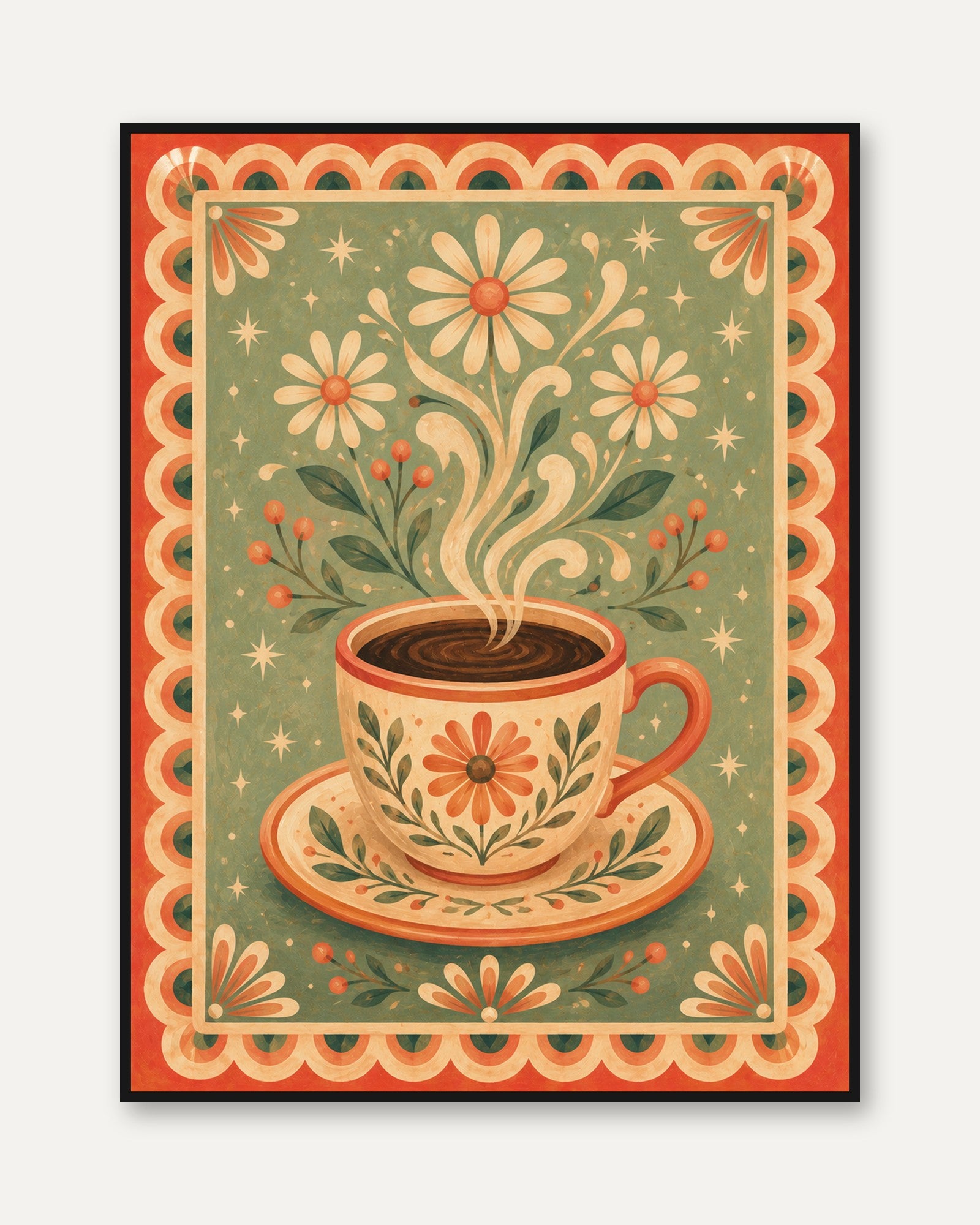 Folk Art Coffee Print – Floral Kitchen Wall Art - framed