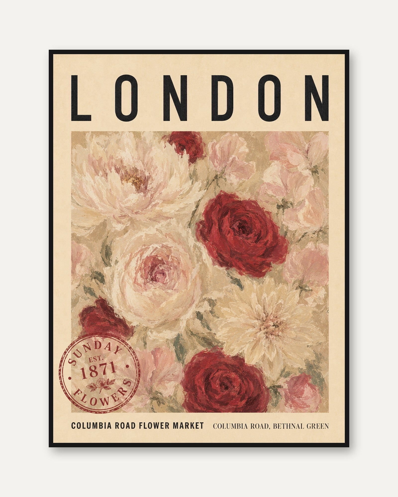 London Flower Market Poster: Vintage Floral Rose Art - framed