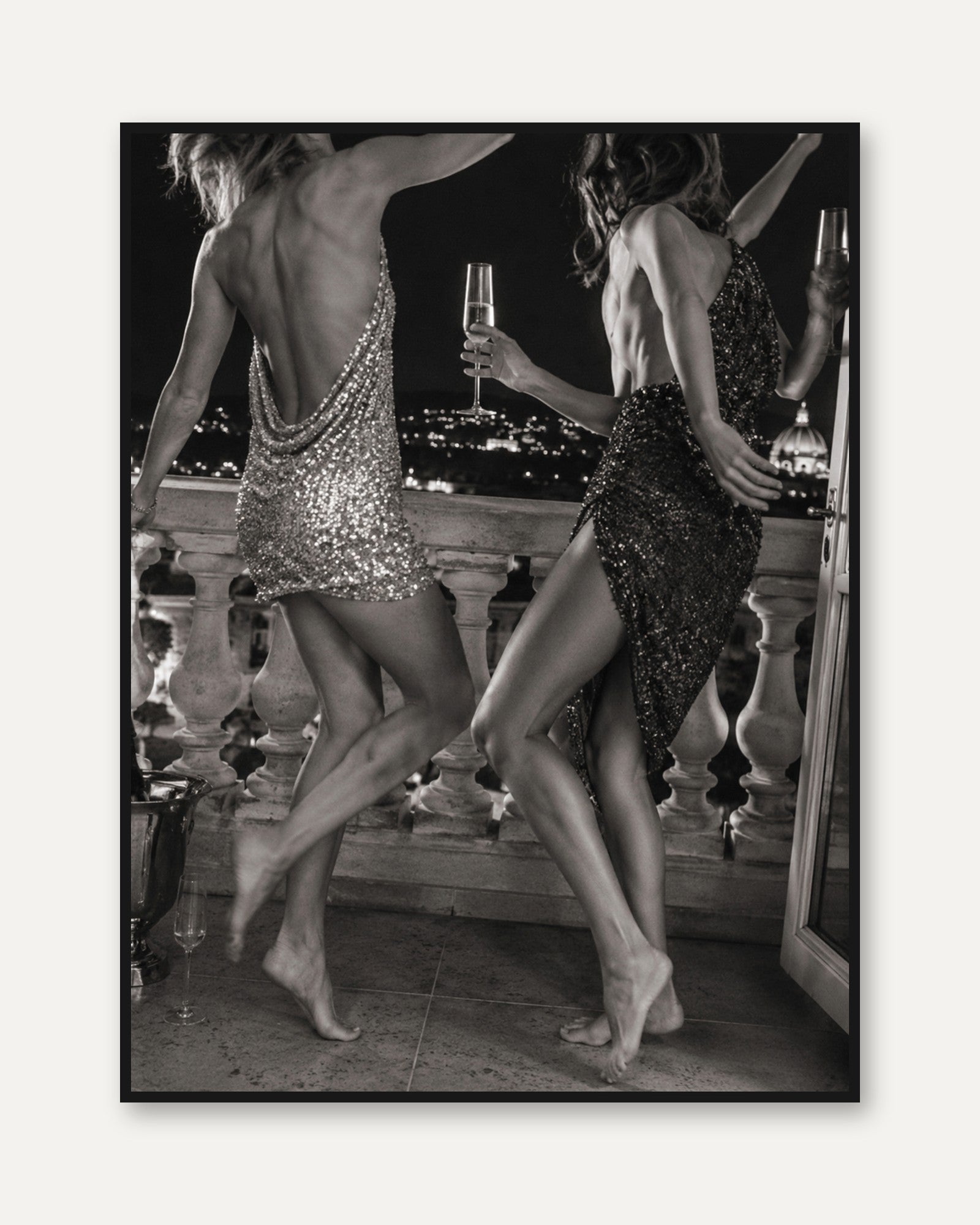 Glamorous Nightlife Art Print: Black and White Fashion Photography - framed