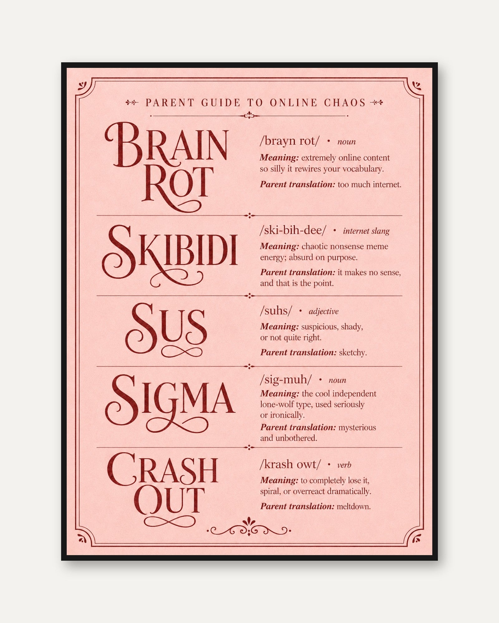 Internet Slang Poster – Gen Z Dictionary Print - framed