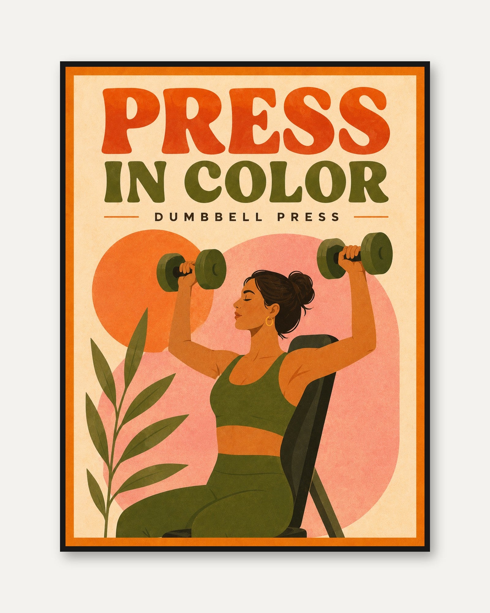 Dumbbell Press Fitness Poster: Retro Gym Art Print - framed