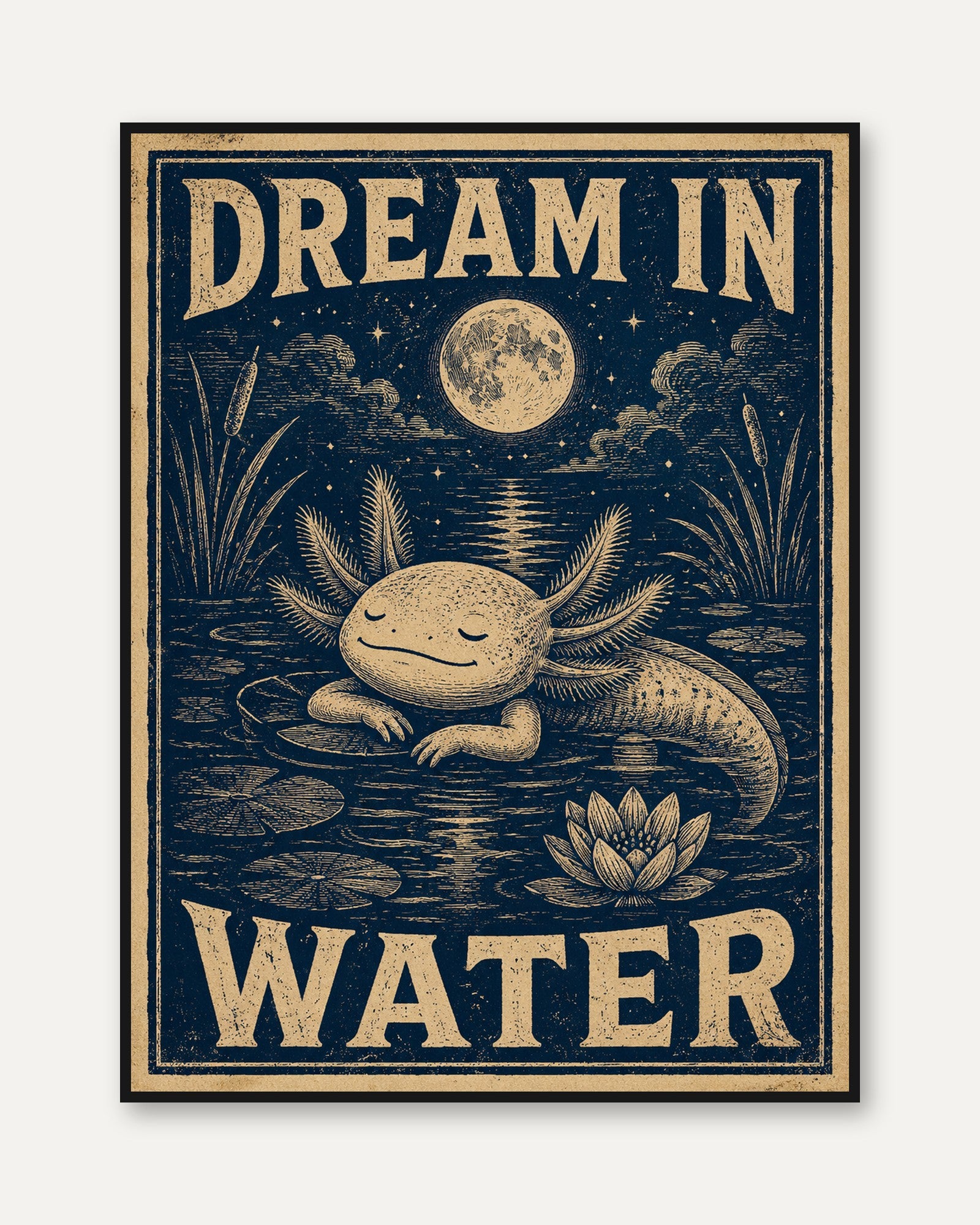 Dream in Water Axolotl Art Print: Vintage Blue Woodcut Style - framed
