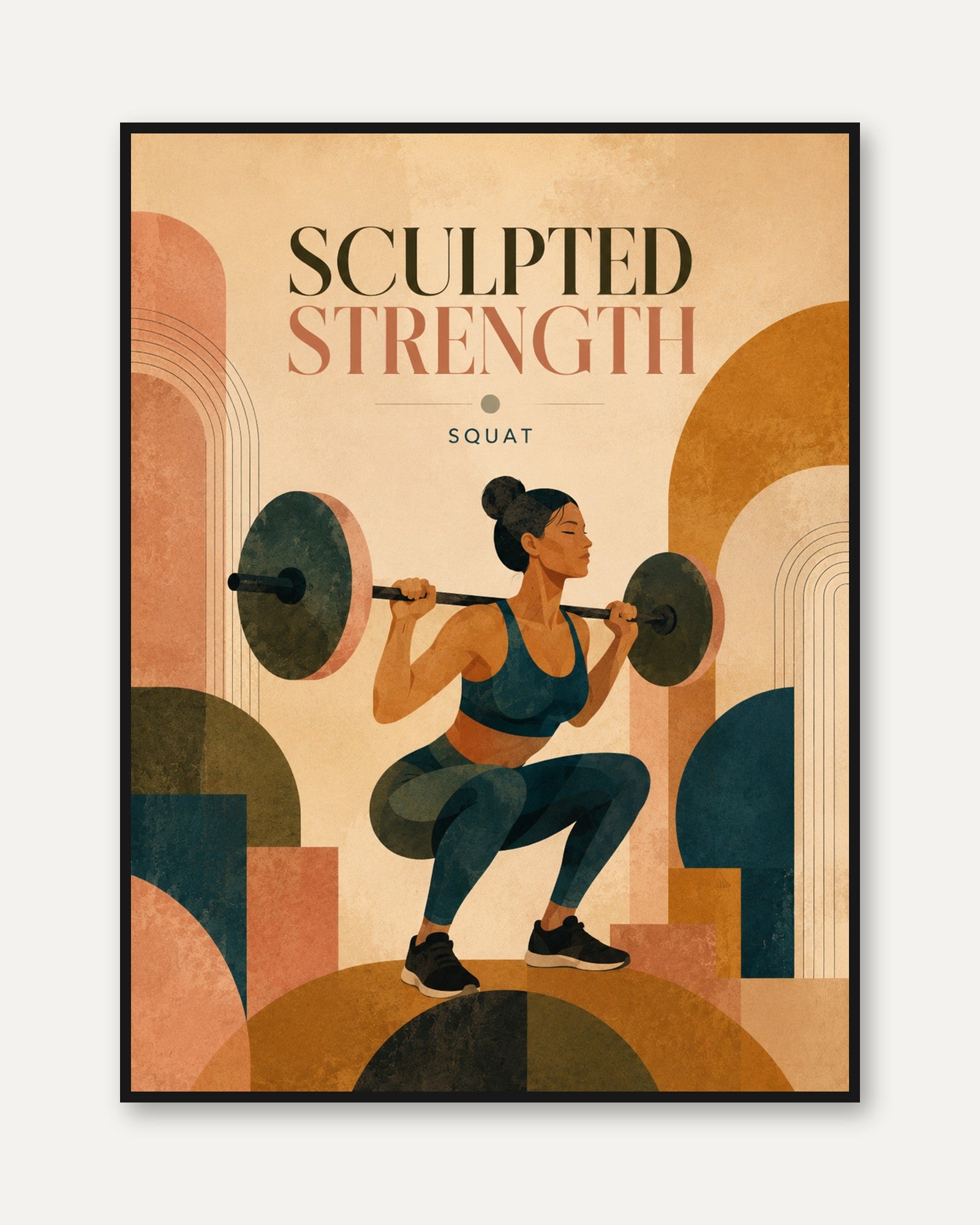 Sculpted Strength Squat Poster: Art Deco Fitness Wall Art - framed