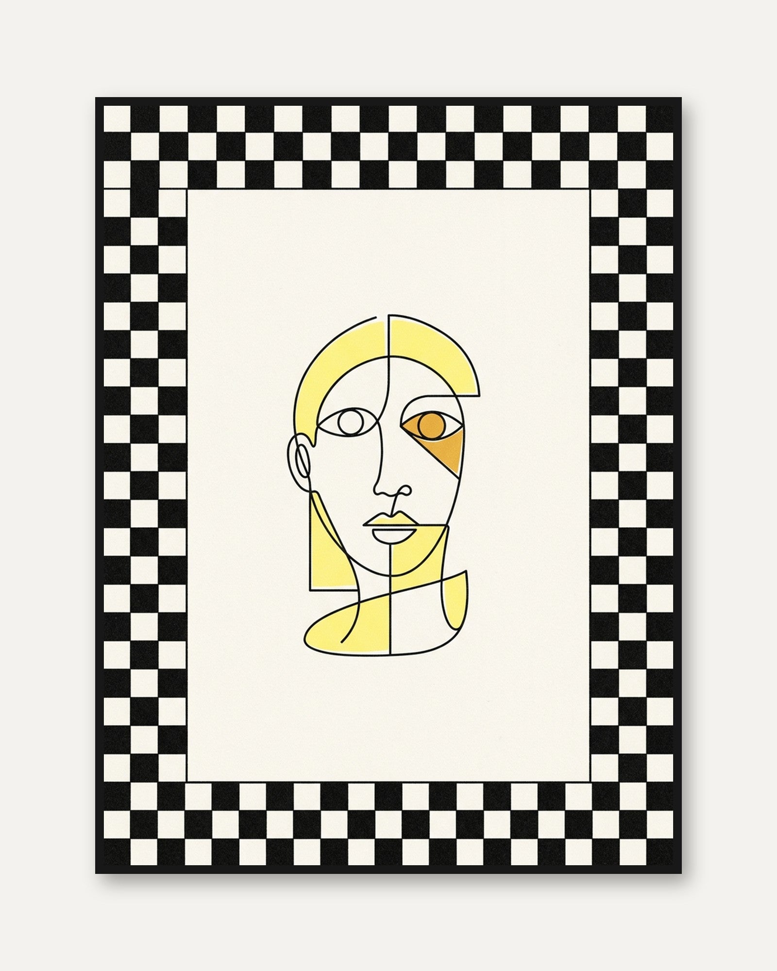 Cubist Face Line Art Print: Yellow Geometric Portrait Design - framed