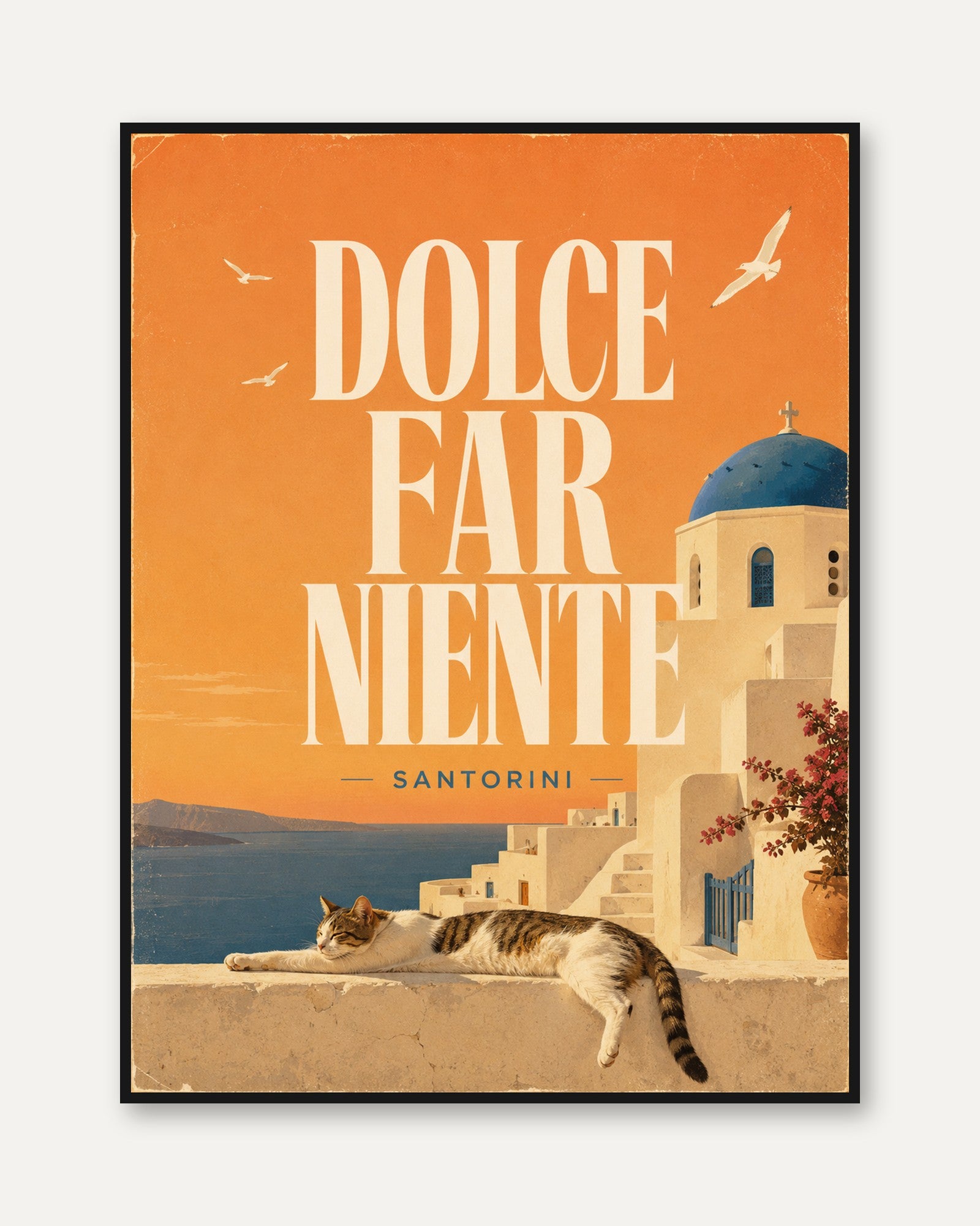Santorini Travel Poster: Vintage Greek Island With Blue Dome - framed