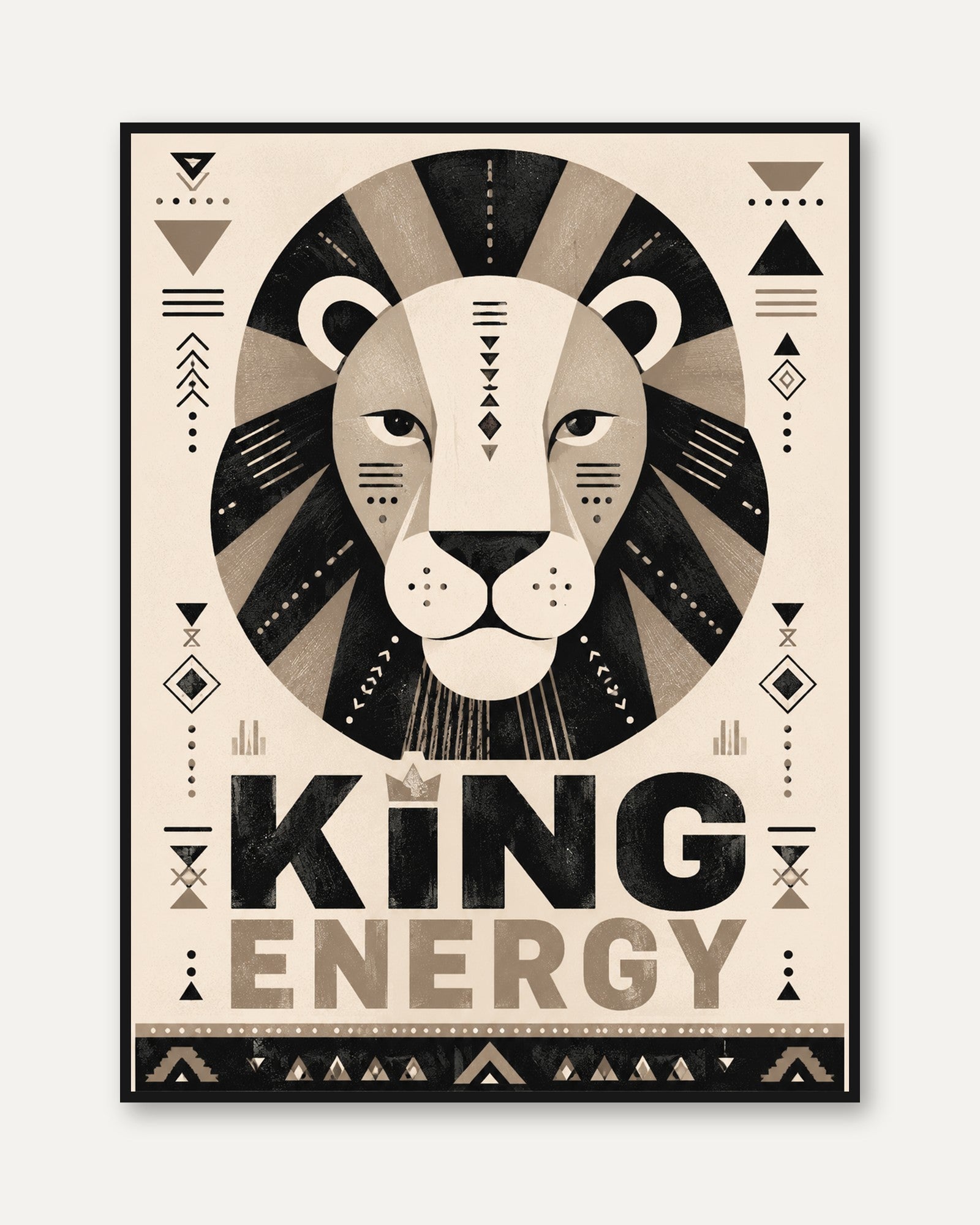 Art Deco Lion Print: Geometric Black and Beige King Energy Poster - framed