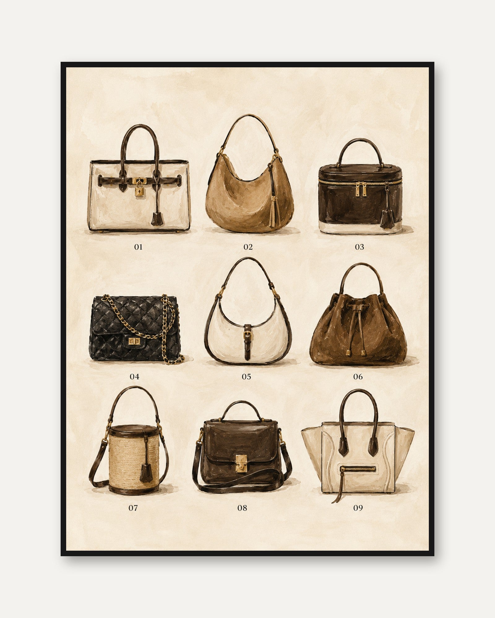 Designer Handbag Collection Art Print: Watercolor Fashion Illustration - framed
