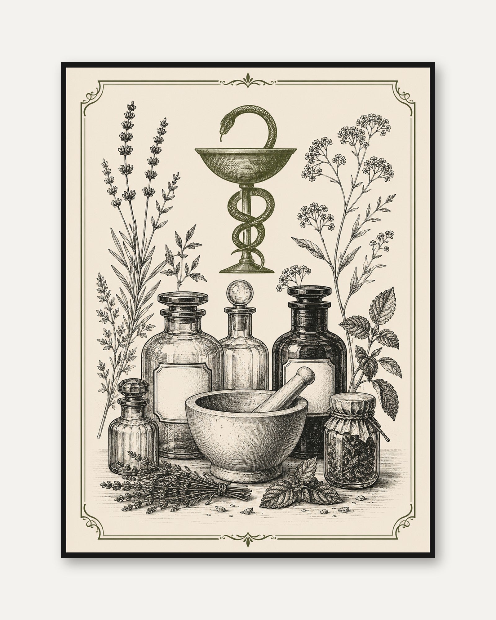 Apothecary Caduceus Print: Vintage Botanical Medicine Art - framed
