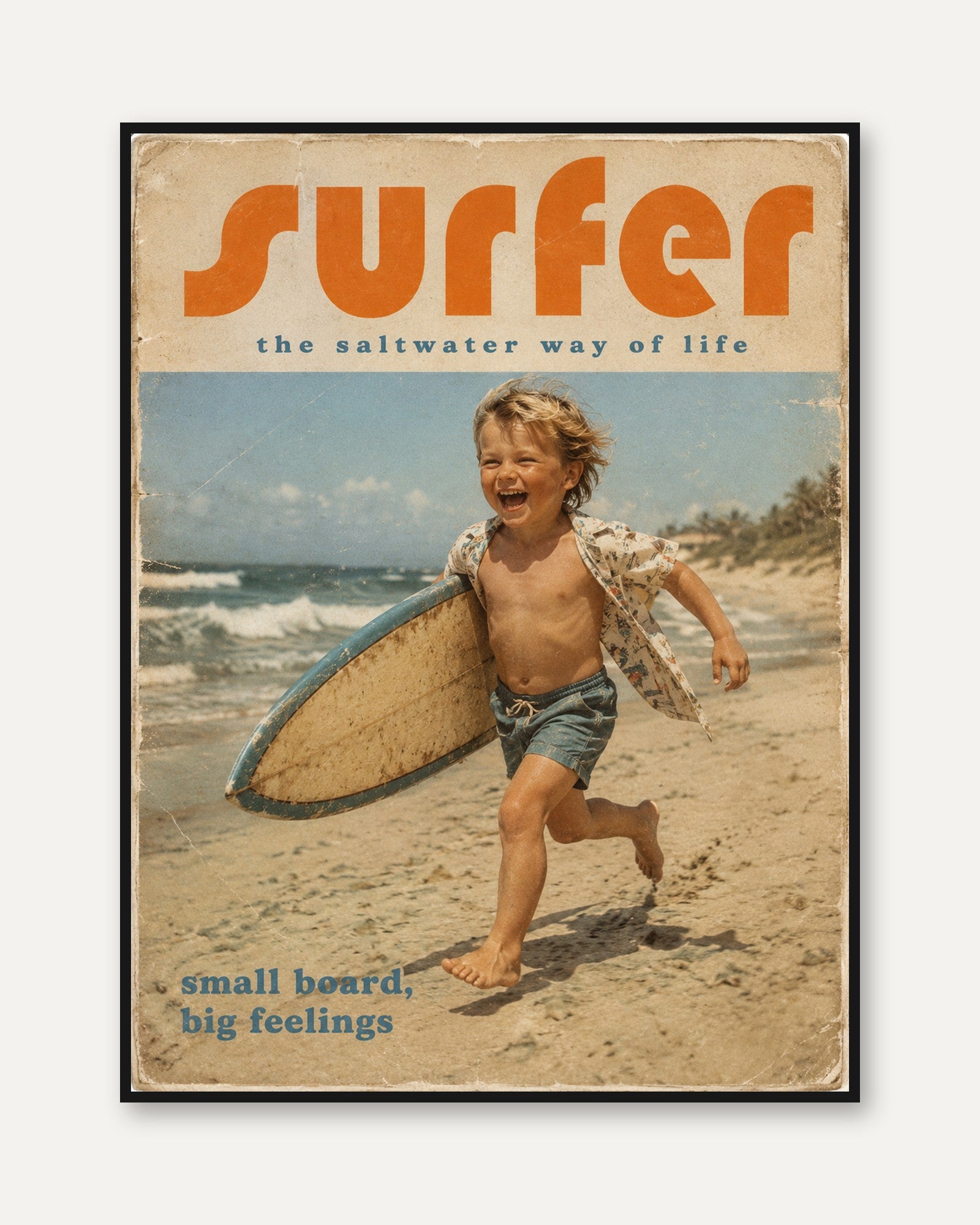 Vintage Surfer Magazine Print — Retro Beach Child with Surfboard - framed