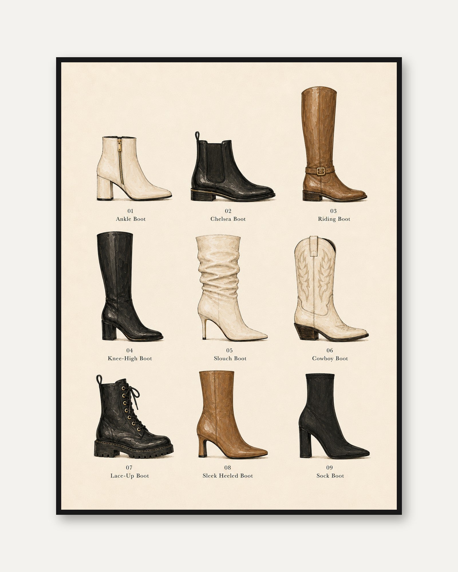 Boot Collection Chart: Vintage Fashion Illustration Art Print - framed